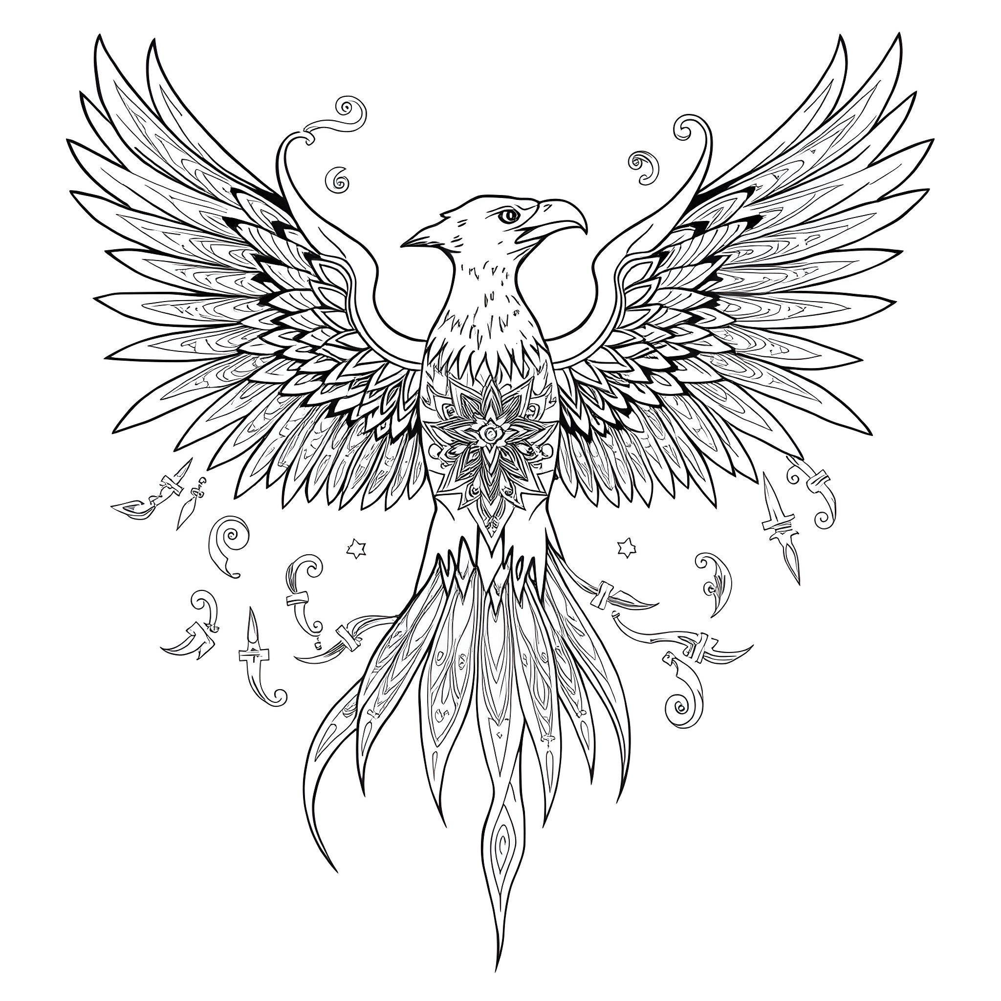 Thunderbird spreading its majestic wings in mystic spirals Coloring Page (free black-and-white line drawing printable PDF for all, from beginners to advanced learners, including children, teens, adults, and seniors)