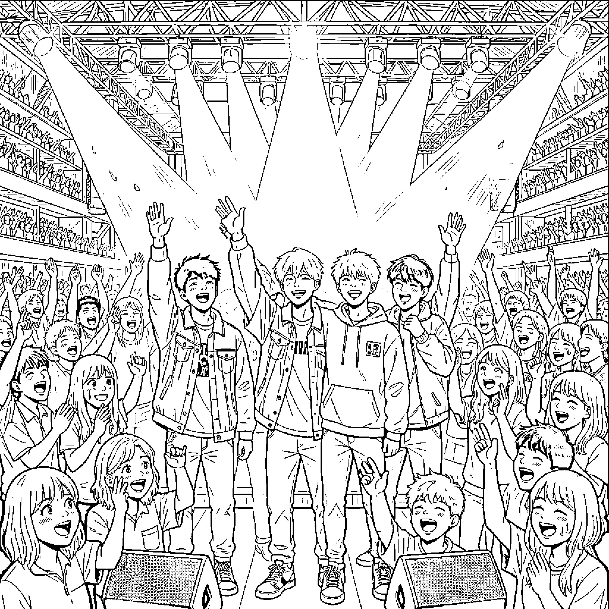 Stray Kids performing energetically on stage Coloring Page (free black-and-white line drawing printable PDF for all, from beginners to advanced learners, including children, teens, adults, and seniors)
