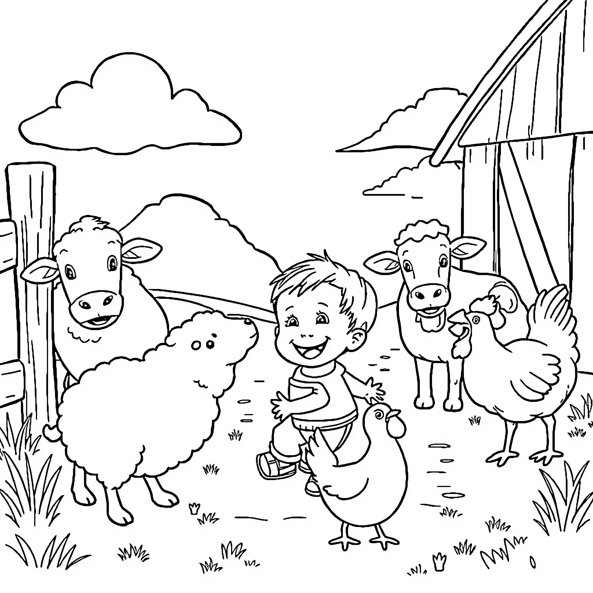 Farm Animal Playtime on the Countryside Coloring Page (free black-and-white line drawing printable PDF for all, from beginners to advanced learners, including children, teens, adults, and seniors)