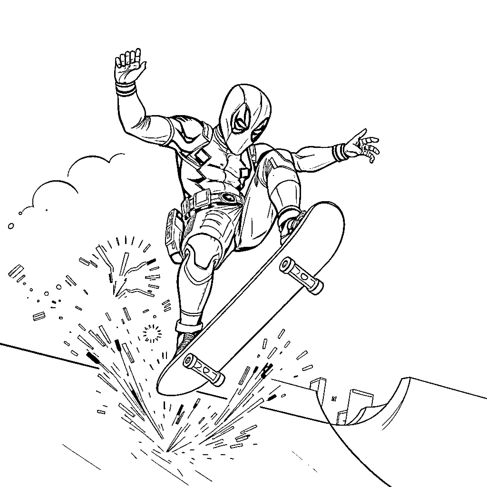 Deadpool skateboarding through explosive action Coloring Page (free black-and-white line drawing printable PDF for all, from beginners to advanced learners, including children, teens, adults, and seniors)