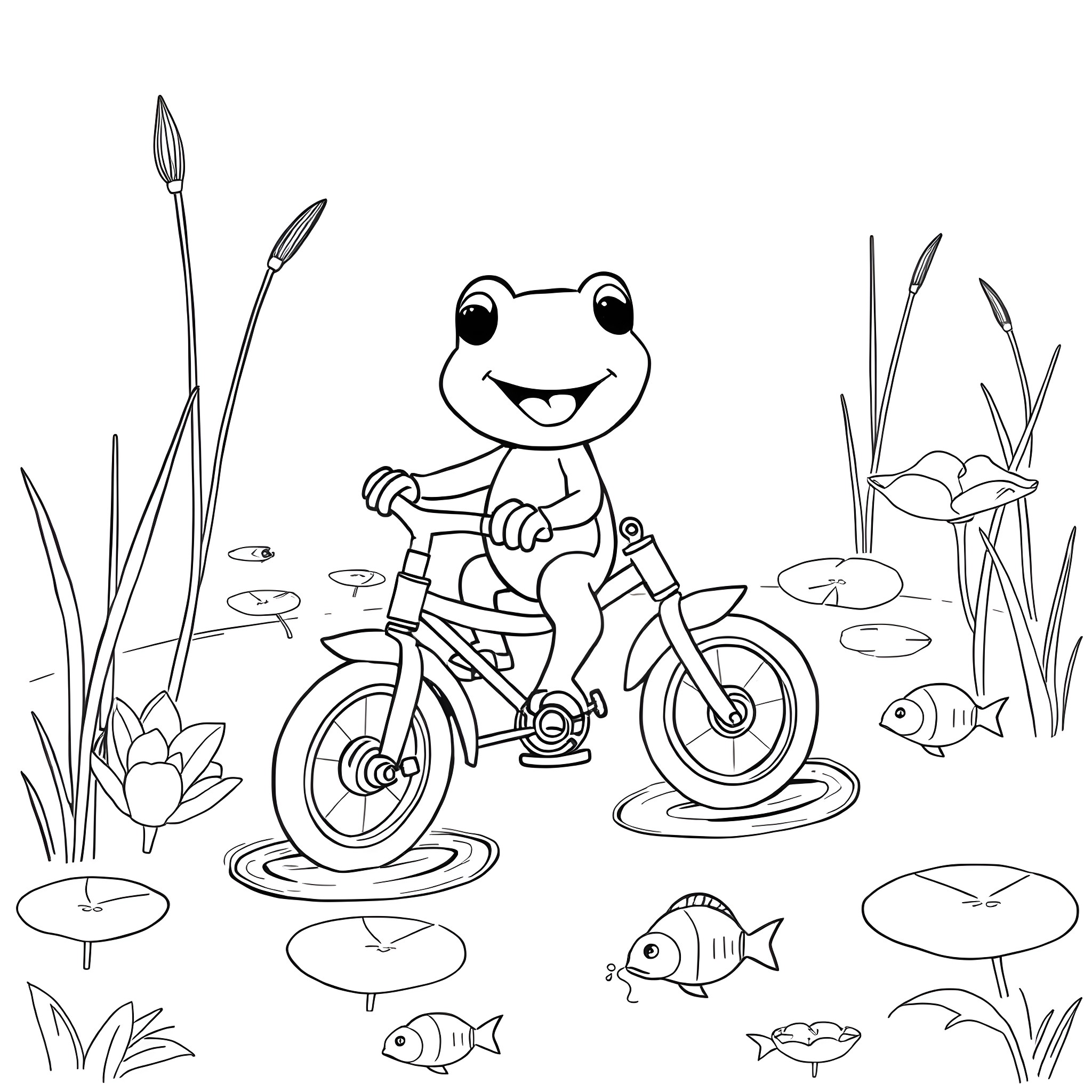 Tadpole riding bicycles in a pond Coloring Page (free black-and-white line drawing printable PDF for all, from beginners to advanced learners, including children, teens, adults, and seniors)