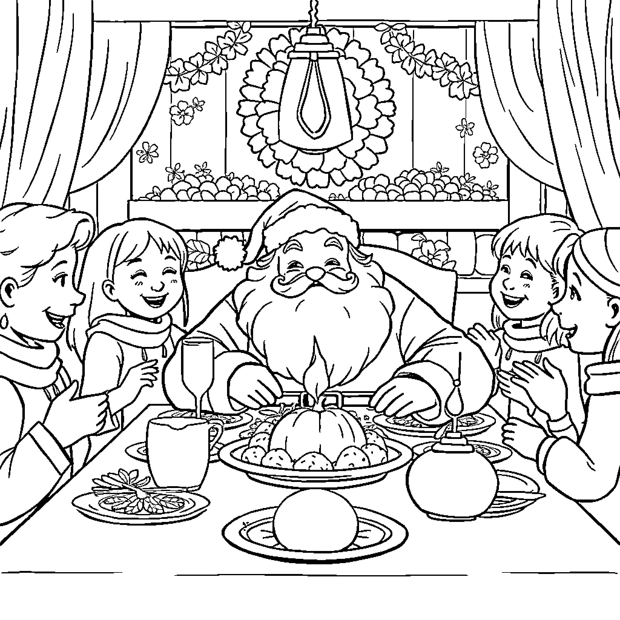 Santa Sharing a Holiday Feast with Family Coloring Page (free black-and-white line drawing printable PDF for all, from beginners to advanced learners, including children, teens, adults, and seniors)