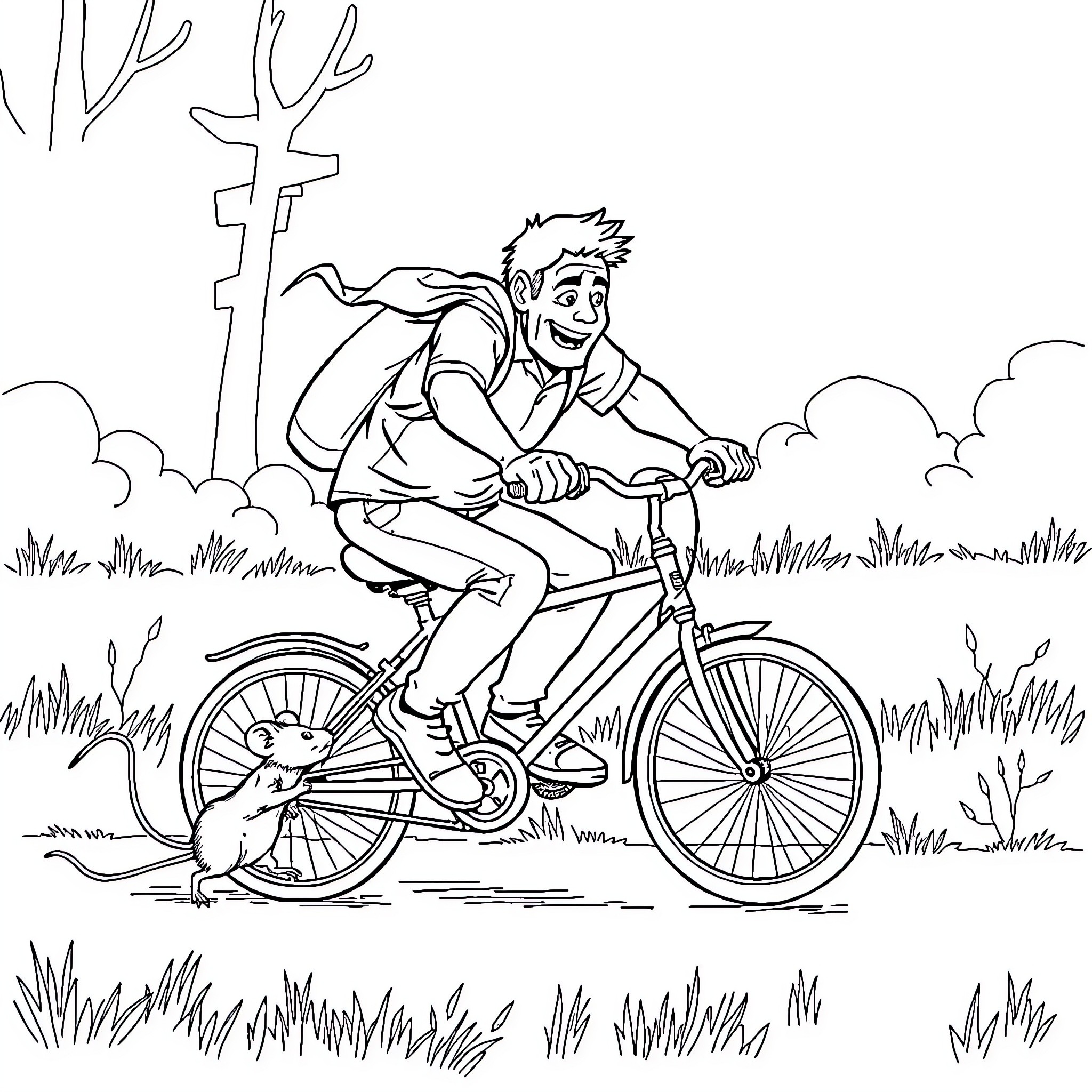 Guy riding bicycle through nature Coloring Page (free black-and-white line drawing printable PDF for all, from beginners to advanced learners, including children, teens, adults, and seniors)