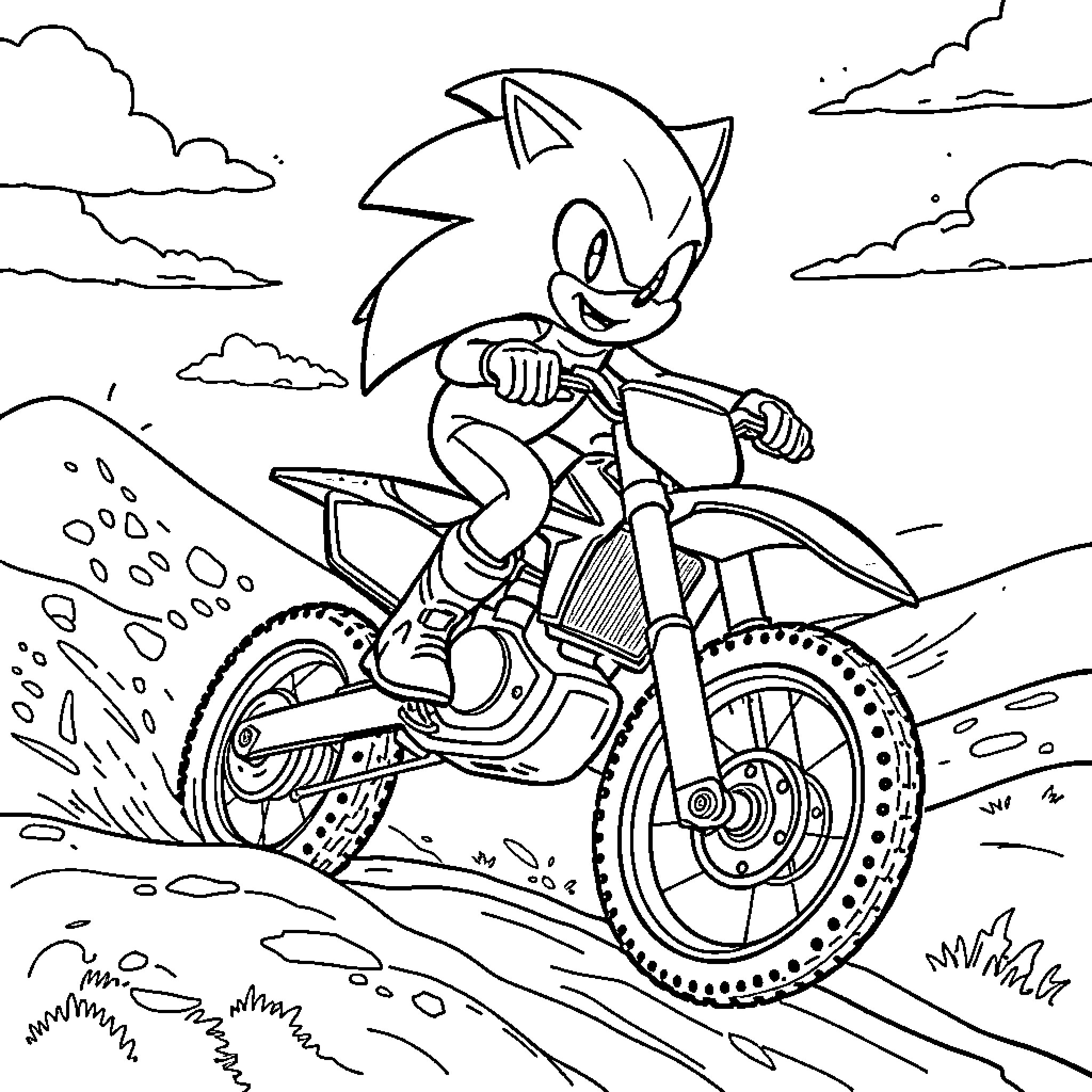 Sonic racing on a dirt bike through the clouds Coloring Page (free black-and-white line drawing printable PDF for all, from beginners to advanced learners, including children, teens, adults, and seniors)