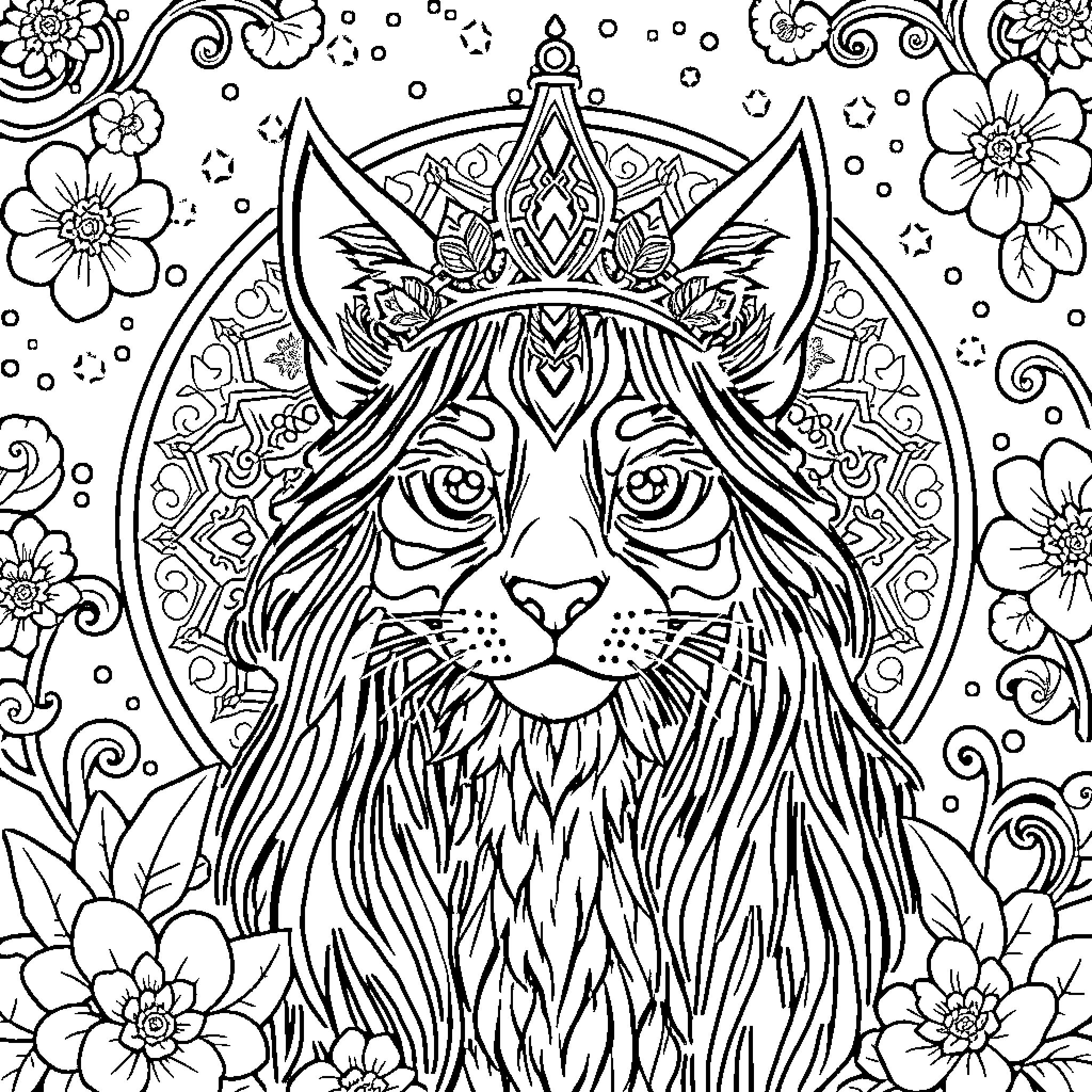 Huntrix - Enchanted Cat Crowned in Dreamlike Floral Motifs Coloring Page (free black-and-white line drawing printable PDF for all, from beginners to advanced learners, including children, teens, adults, and seniors)