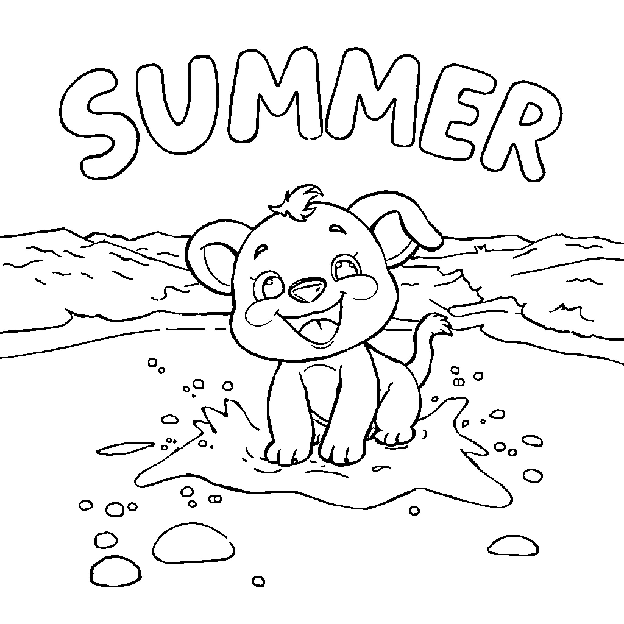 Bluey's Summertime Adventure Coloring Page (free black-and-white line drawing printable PDF for all, from beginners to advanced learners, including children, teens, adults, and seniors)