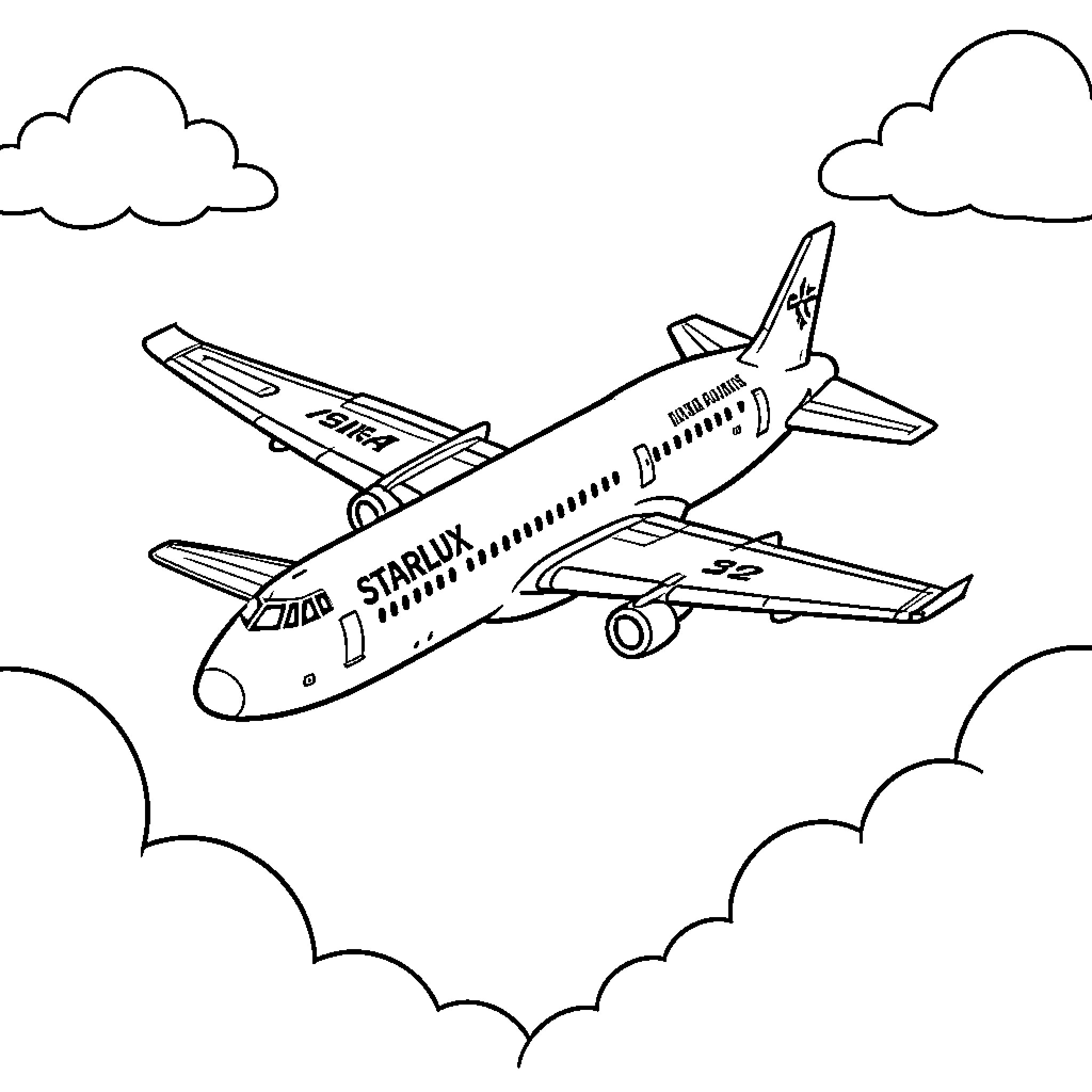 Airplane flying through cloudy skies Coloring Page (free black-and-white line drawing printable PDF for all, from beginners to advanced learners, including children, teens, adults, and seniors)