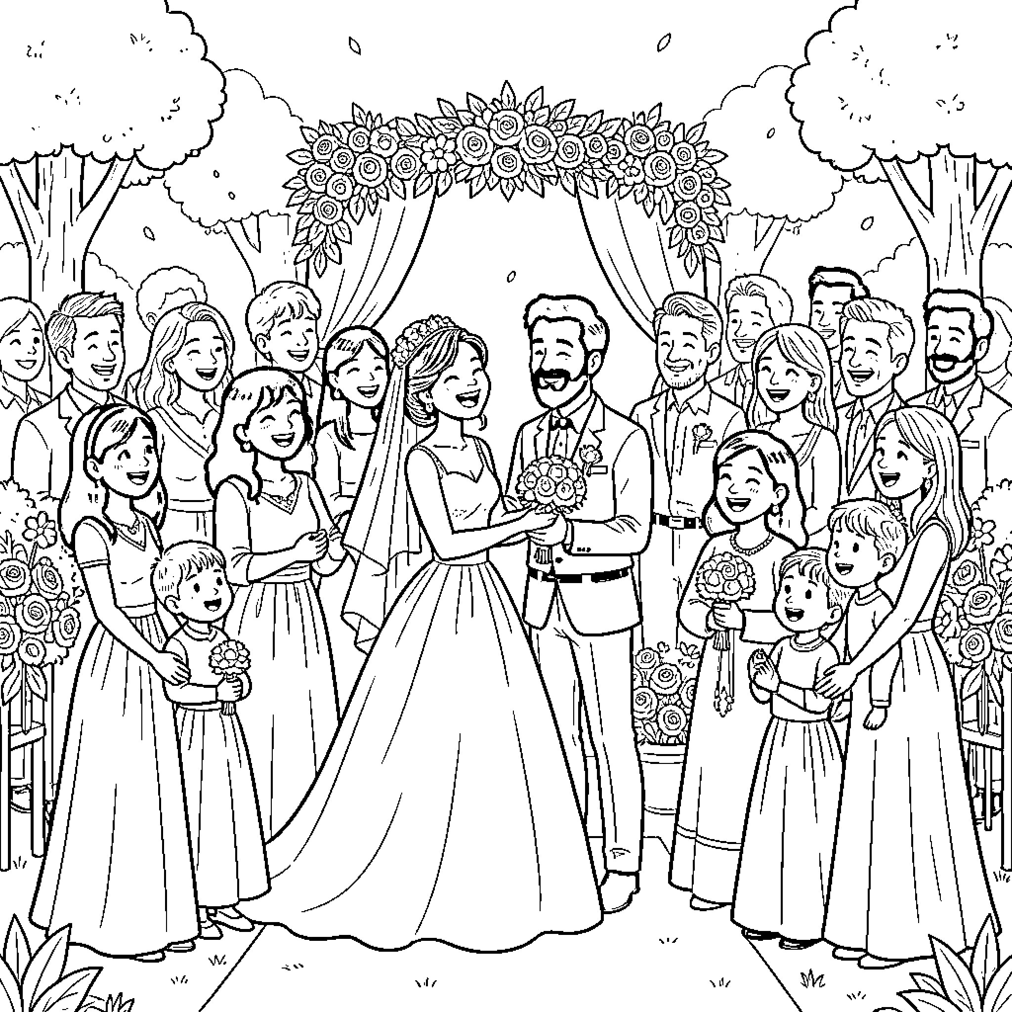 Marriage ceremony with a happy bride and groom Coloring Page (free black-and-white line drawing printable PDF for all, from beginners to advanced learners, including children, teens, adults, and seniors)