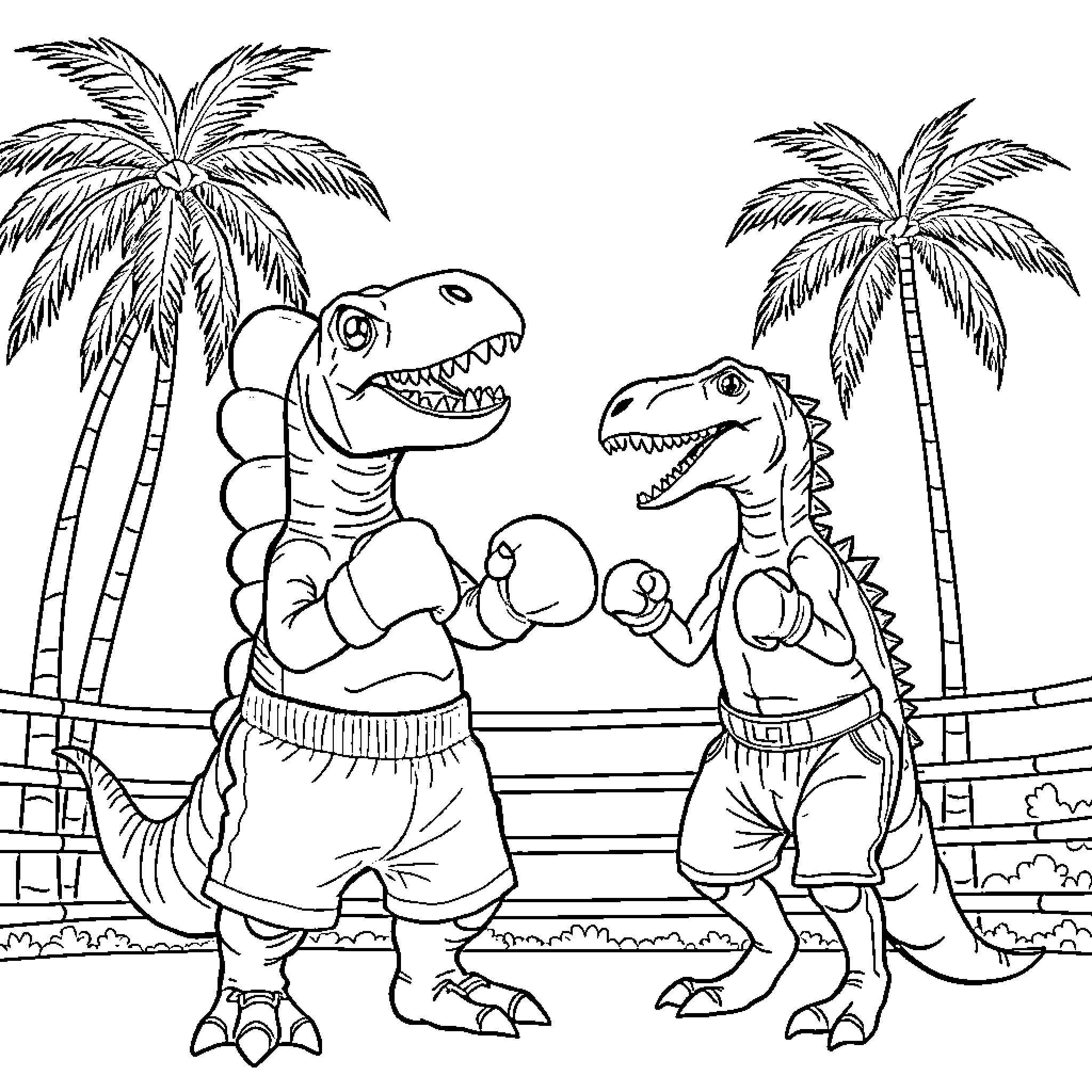 Carnotaurus in boxing match on tropical beach Coloring Page (free black-and-white line drawing printable PDF for all, from beginners to advanced learners, including children, teens, adults, and seniors)