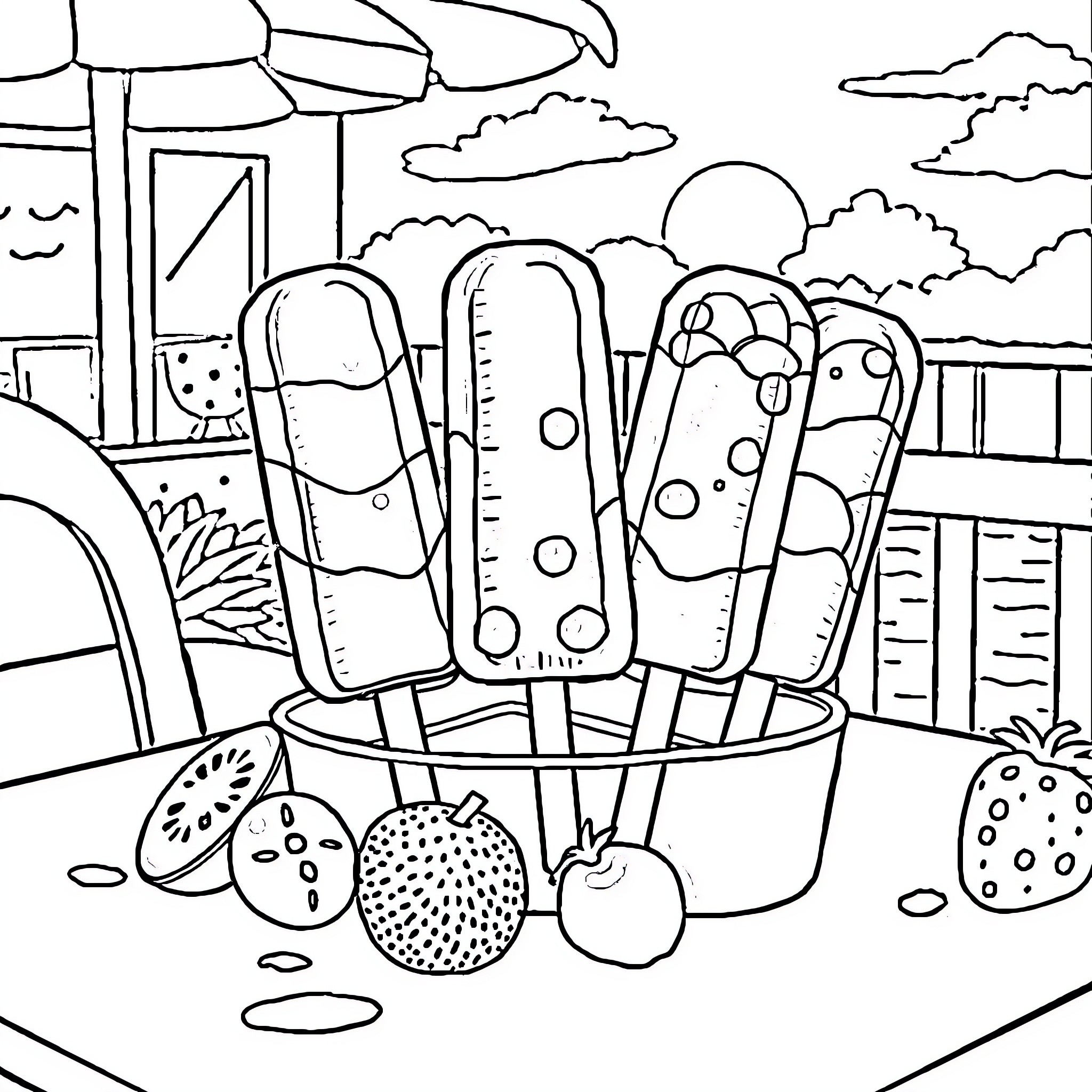 Fruit-themed Frozen Treats in Summer Outdoor Scene Coloring Page (free black-and-white line drawing printable PDF for all, from beginners to advanced learners, including children, teens, adults, and seniors)