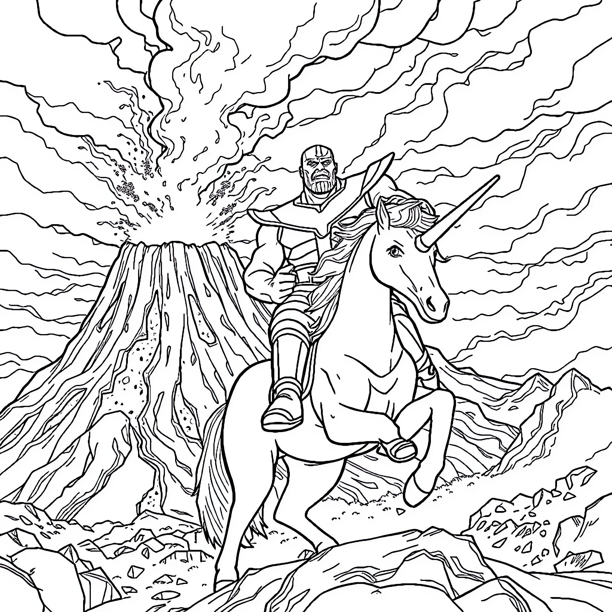 Thanos Riding Unicorn Amidst Volcanic Eruption Coloring Page (free black-and-white line drawing printable PDF for all, from beginners to advanced learners, including children, teens, adults, and seniors)