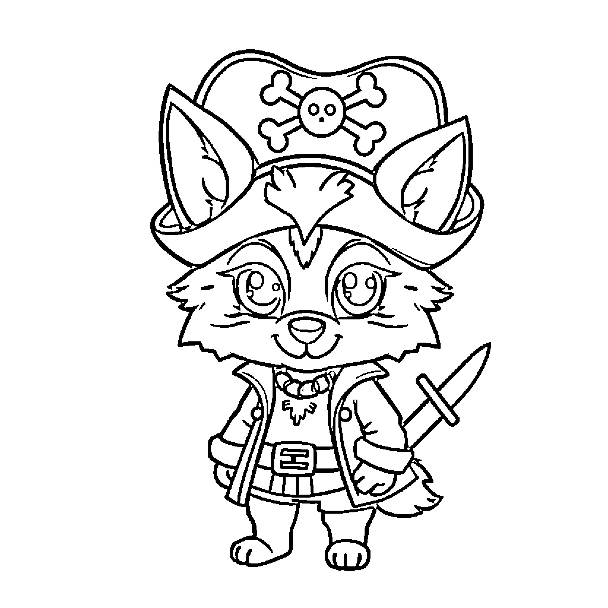 Wolf pirate with skull hat and sword Coloring Page (free black-and-white line drawing printable PDF for all, from beginners to advanced learners, including children, teens, adults, and seniors)