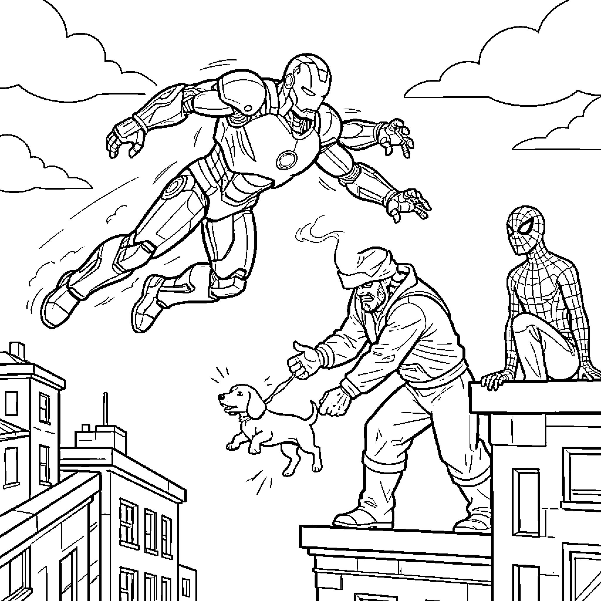 Iron Man soars through the city with Spider-Man and a heroic act Coloring Page (free black-and-white line drawing printable PDF for all, from beginners to advanced learners, including children, teens, adults, and seniors)