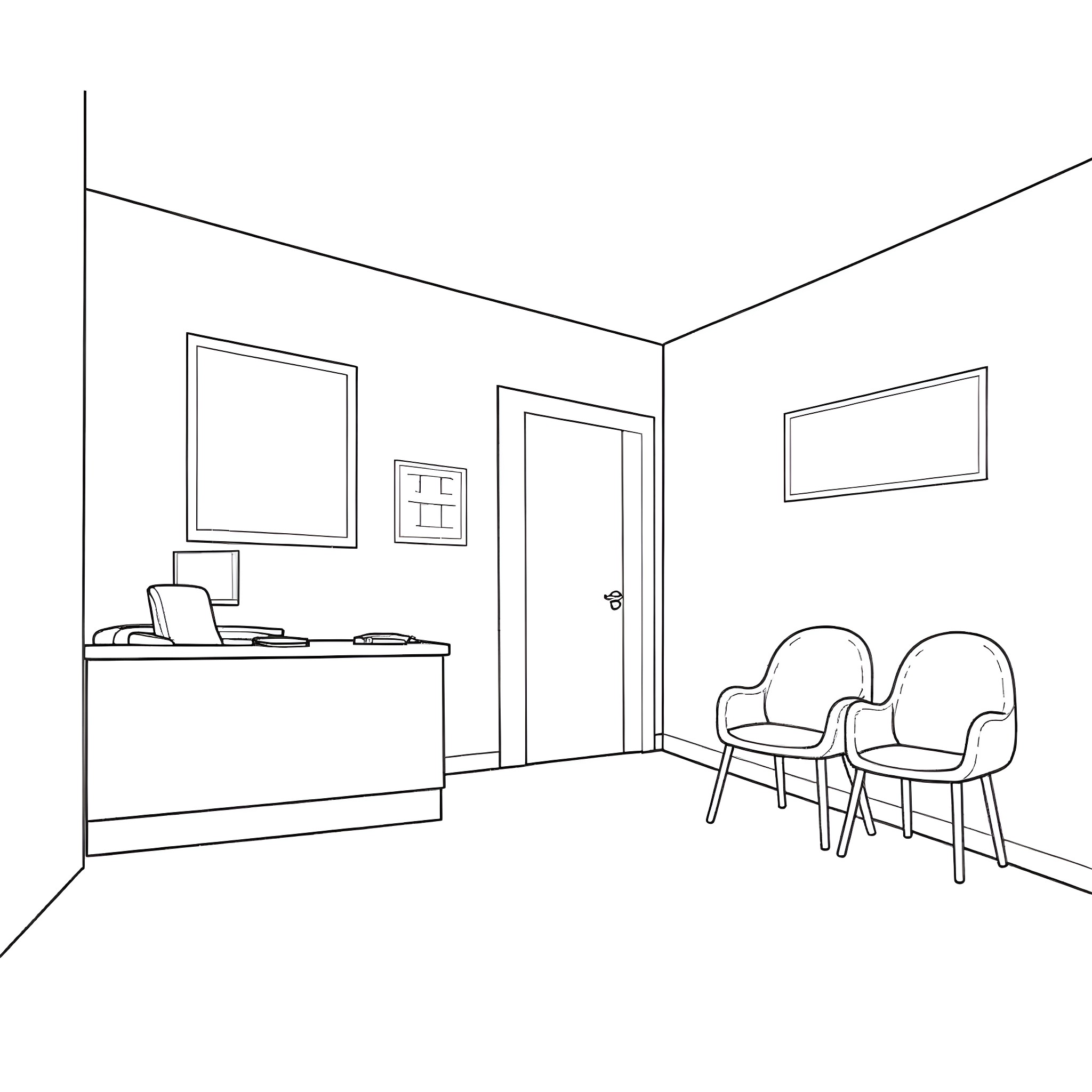 Doctor's Comfortable Office with Modern Furniture Coloring Page (free black-and-white line drawing printable PDF for all, from beginners to advanced learners, including children, teens, adults, and seniors)