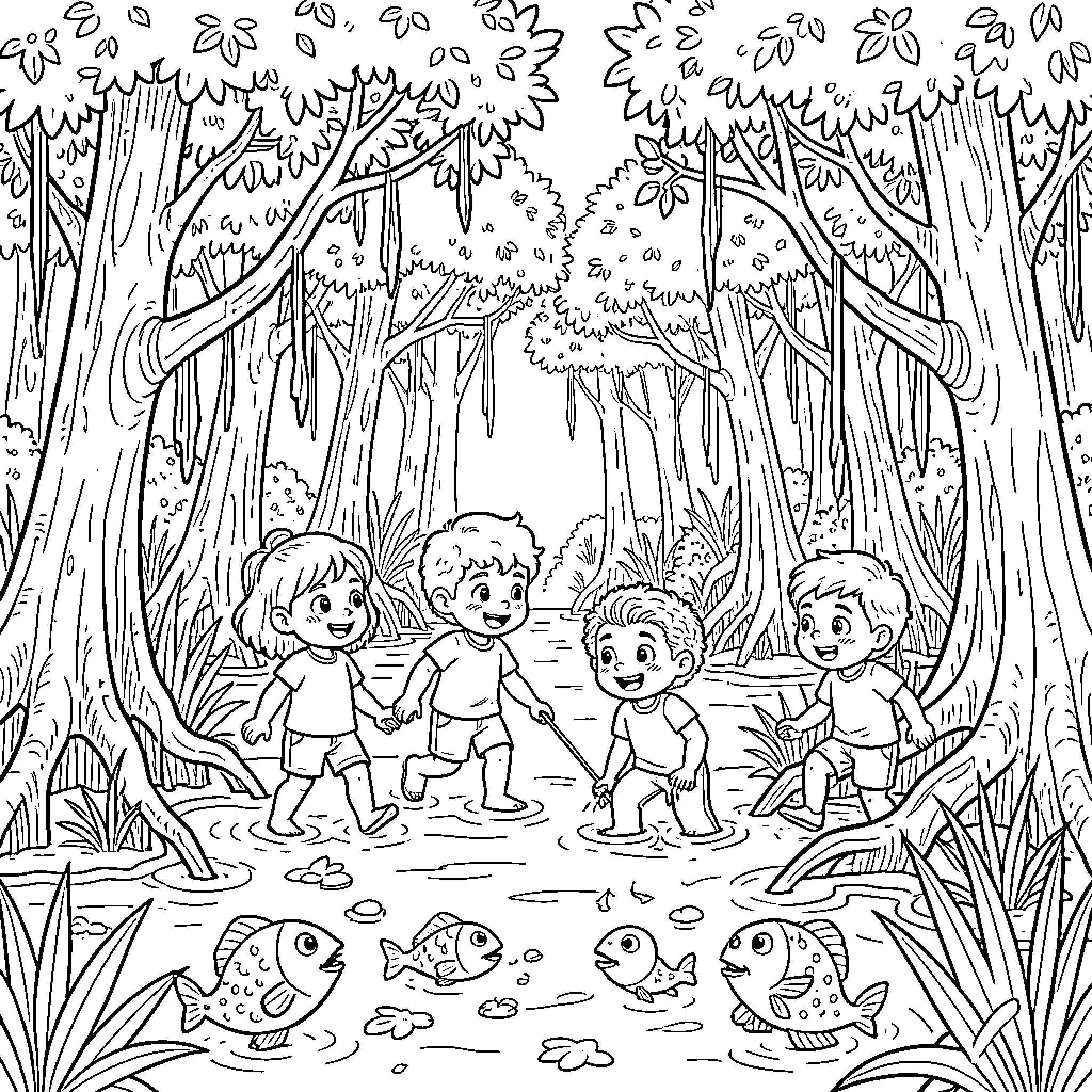 Niños jugando en un bosque encantado Coloring Page (free black-and-white line drawing printable PDF for all, from beginners to advanced learners, including children, teens, adults, and seniors)