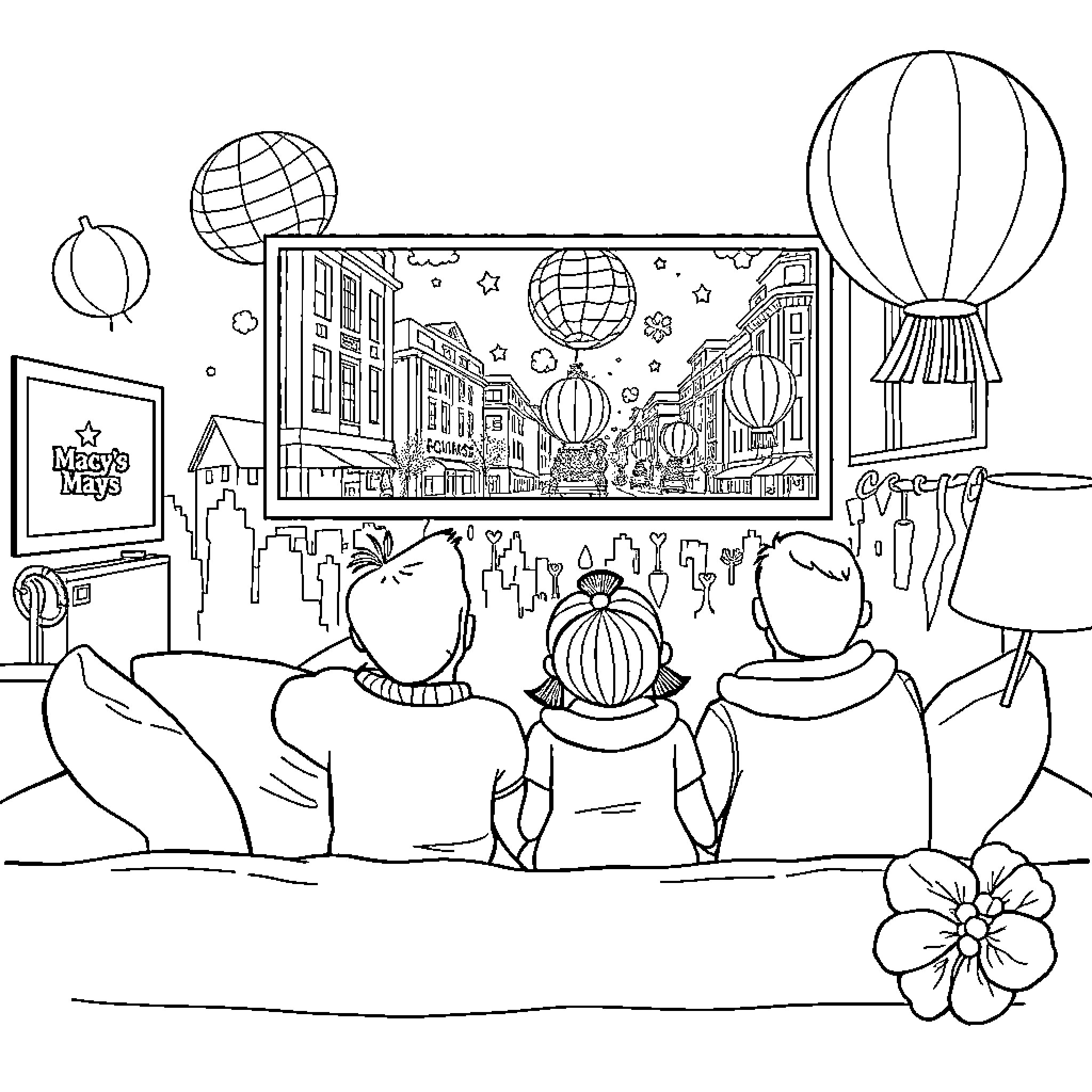 Family watching a festive display in the city Coloring Page (free black-and-white line drawing printable PDF for all, from beginners to advanced learners, including children, teens, adults, and seniors)