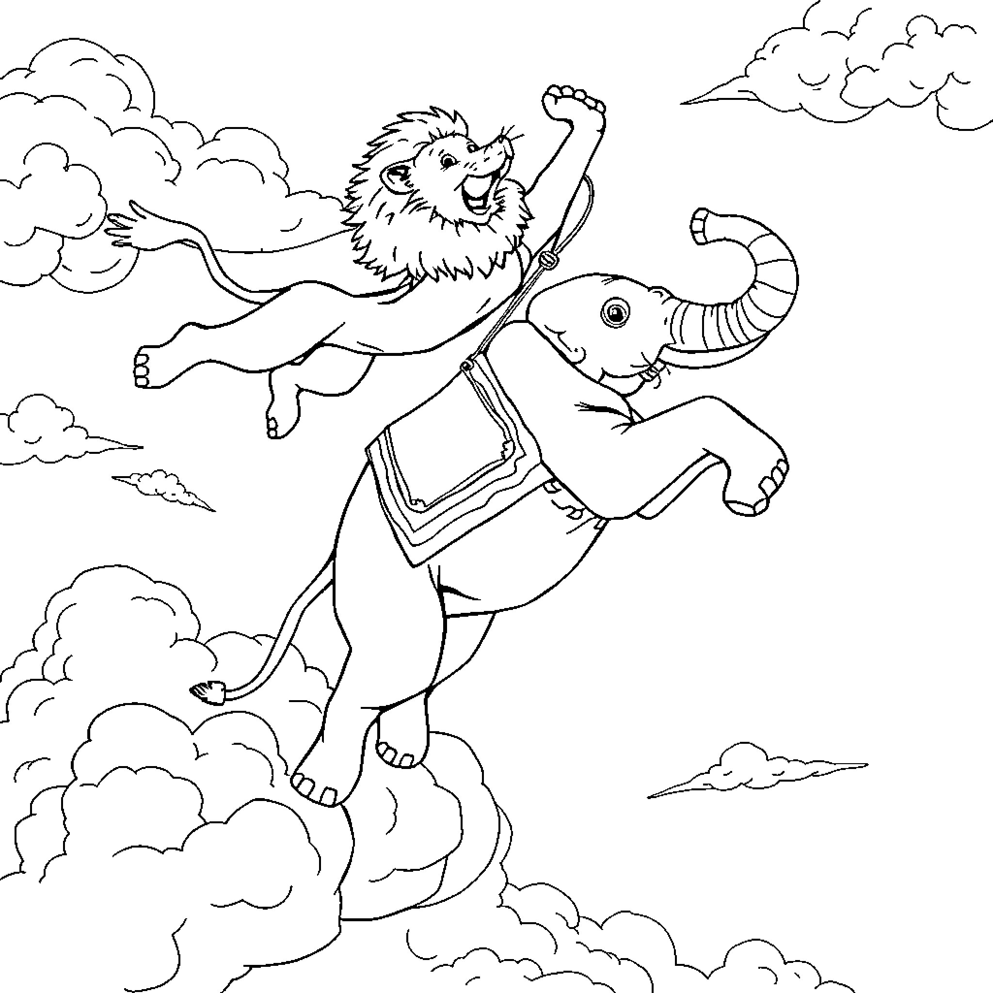 Lion riding playfully on an elephant in the clouds Coloring Page (free black-and-white line drawing printable PDF for all, from beginners to advanced learners, including children, teens, adults, and seniors)