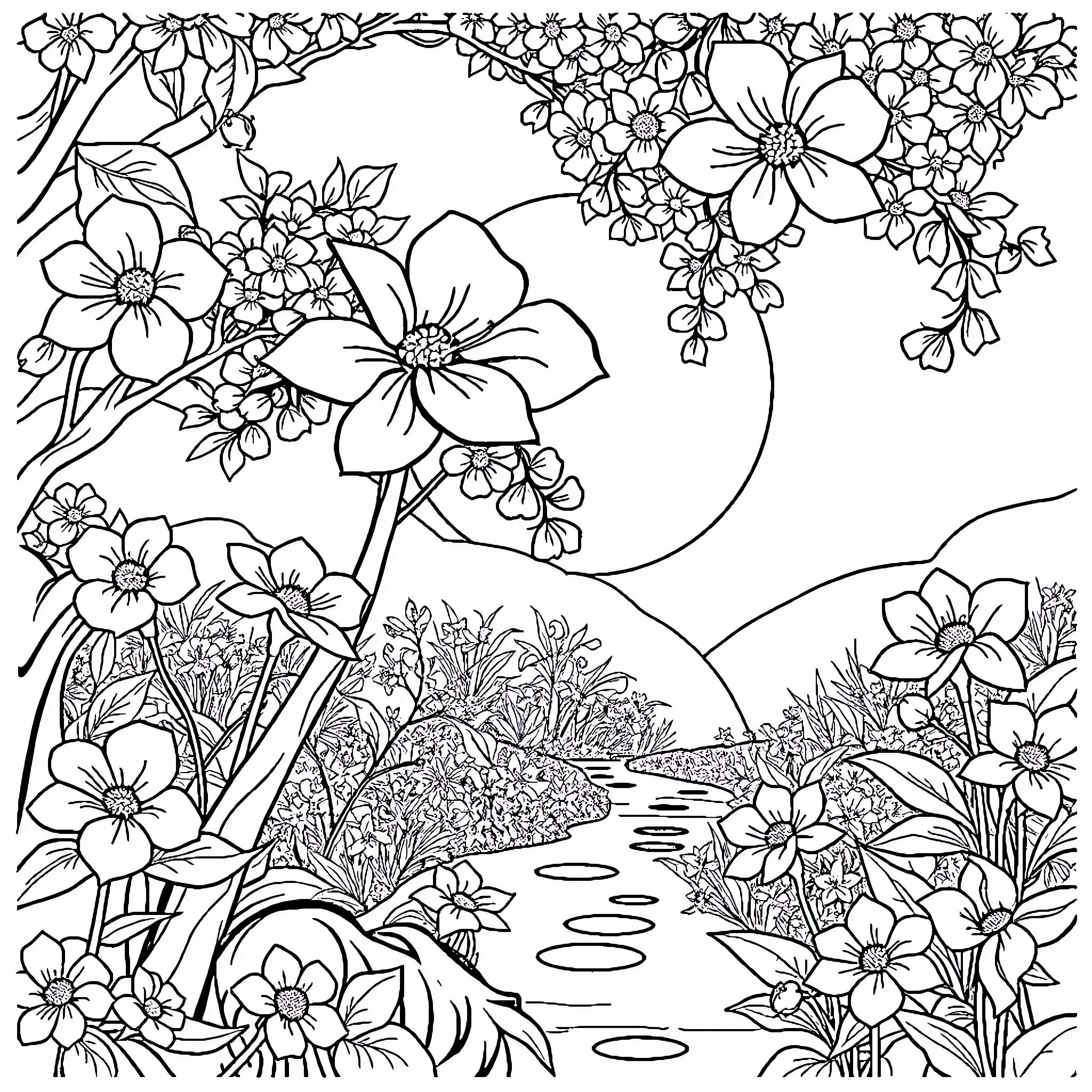 Japanese Schoolchildren enjoying flowers in a serene garden Coloring Page (free black-and-white line drawing printable PDF for all, from beginners to advanced learners, including children, teens, adults, and seniors)