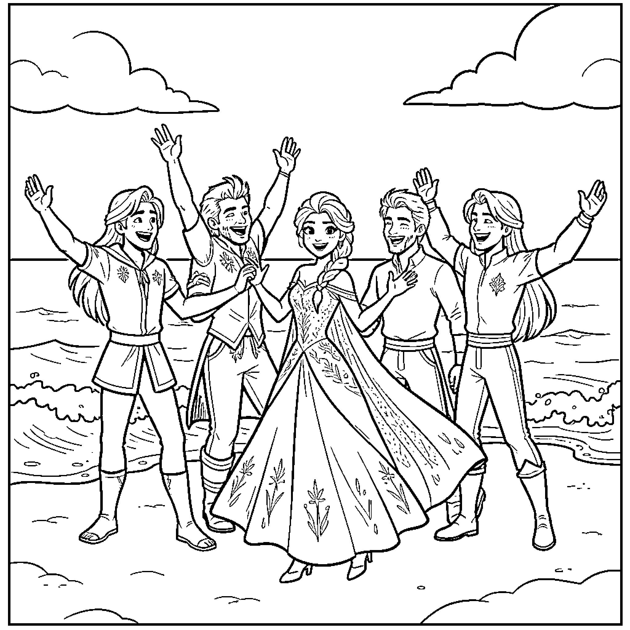 Elsa celebrating joyfully with friends on the beach Coloring Page (free black-and-white line drawing printable PDF for all, from beginners to advanced learners, including children, teens, adults, and seniors)