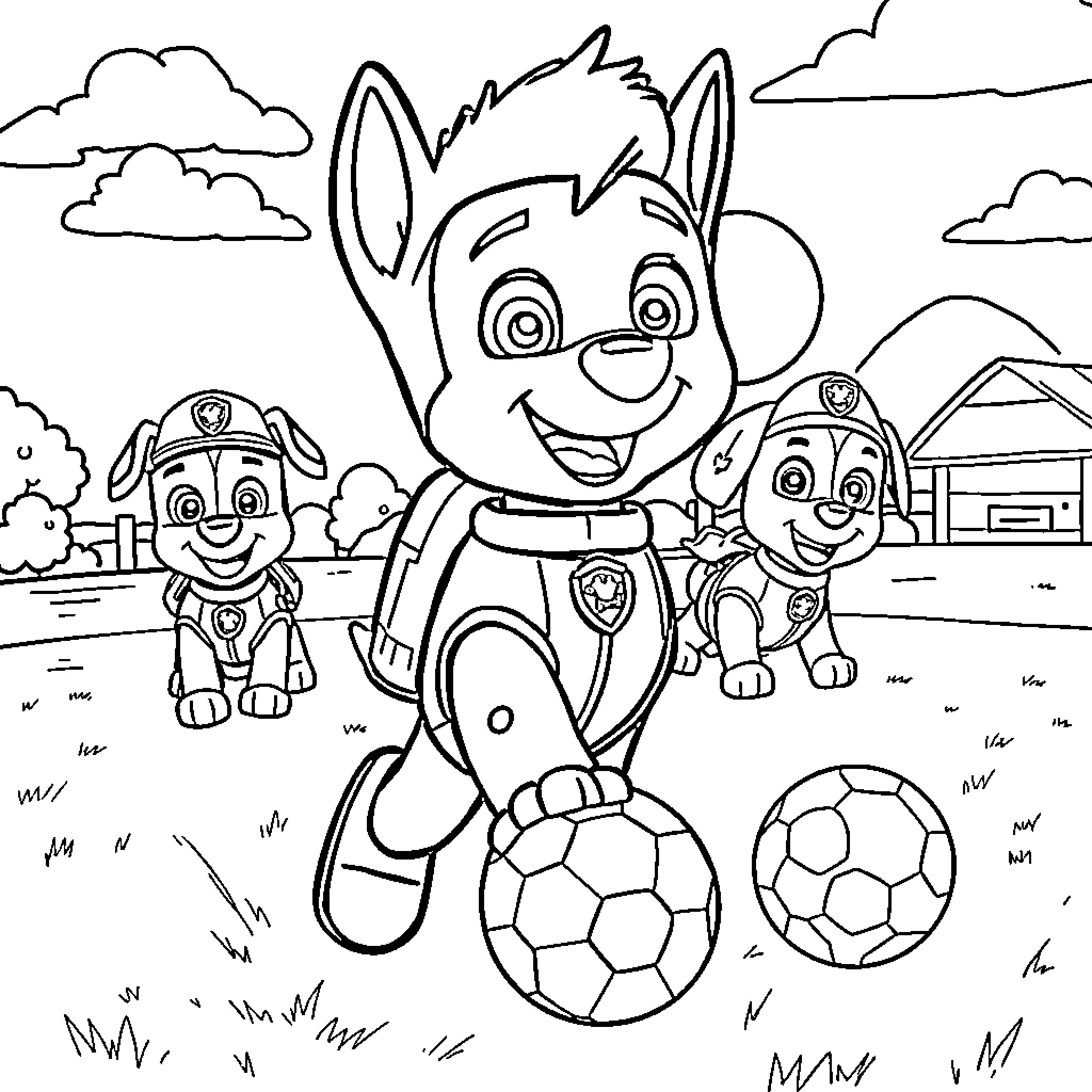 Marcus and Pup Pals Playing with Soccer Balls Coloring Page (free black-and-white line drawing printable PDF for all, from beginners to advanced learners, including children, teens, adults, and seniors)