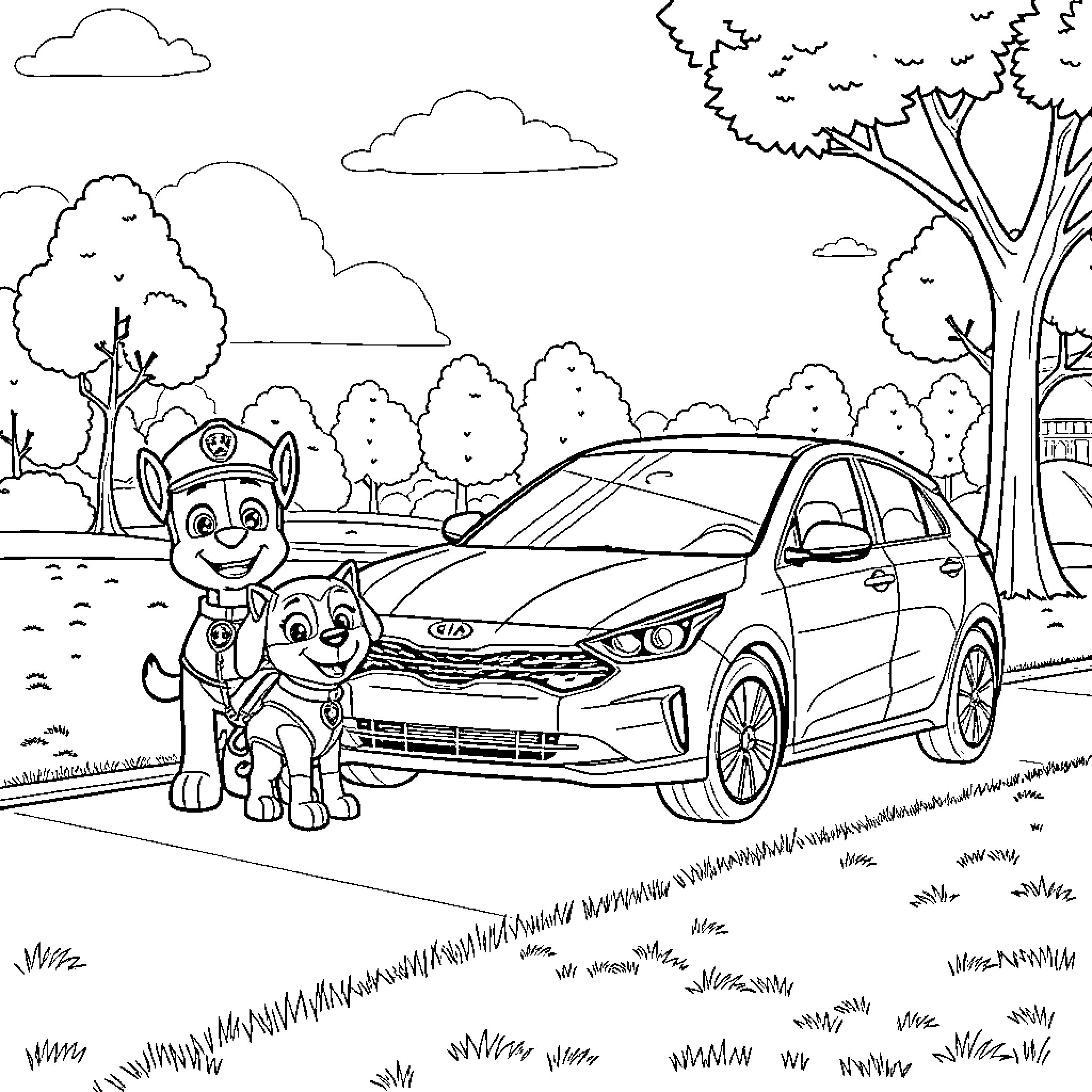 Paw Patrol characters exploring a colorful outdoor scene Coloring Page (free black-and-white line drawing printable PDF for all, from beginners to advanced learners, including children, teens, adults, and seniors)