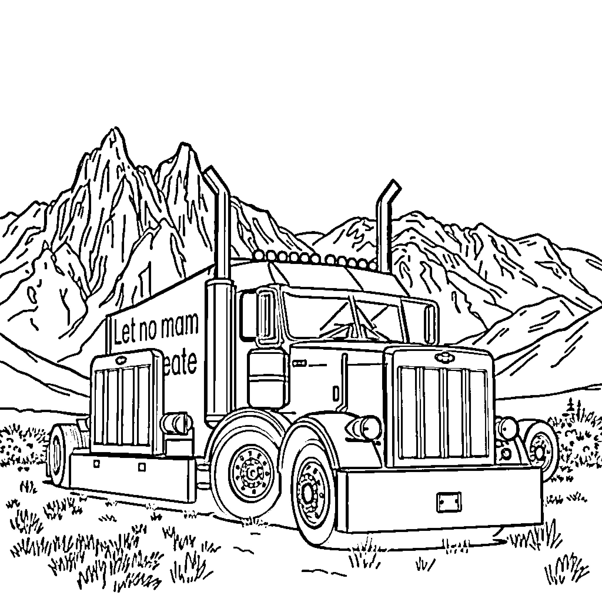 Truck hauling through rugged mountain landscape Coloring Page (free black-and-white line drawing printable PDF for all, from beginners to advanced learners, including children, teens, adults, and seniors)