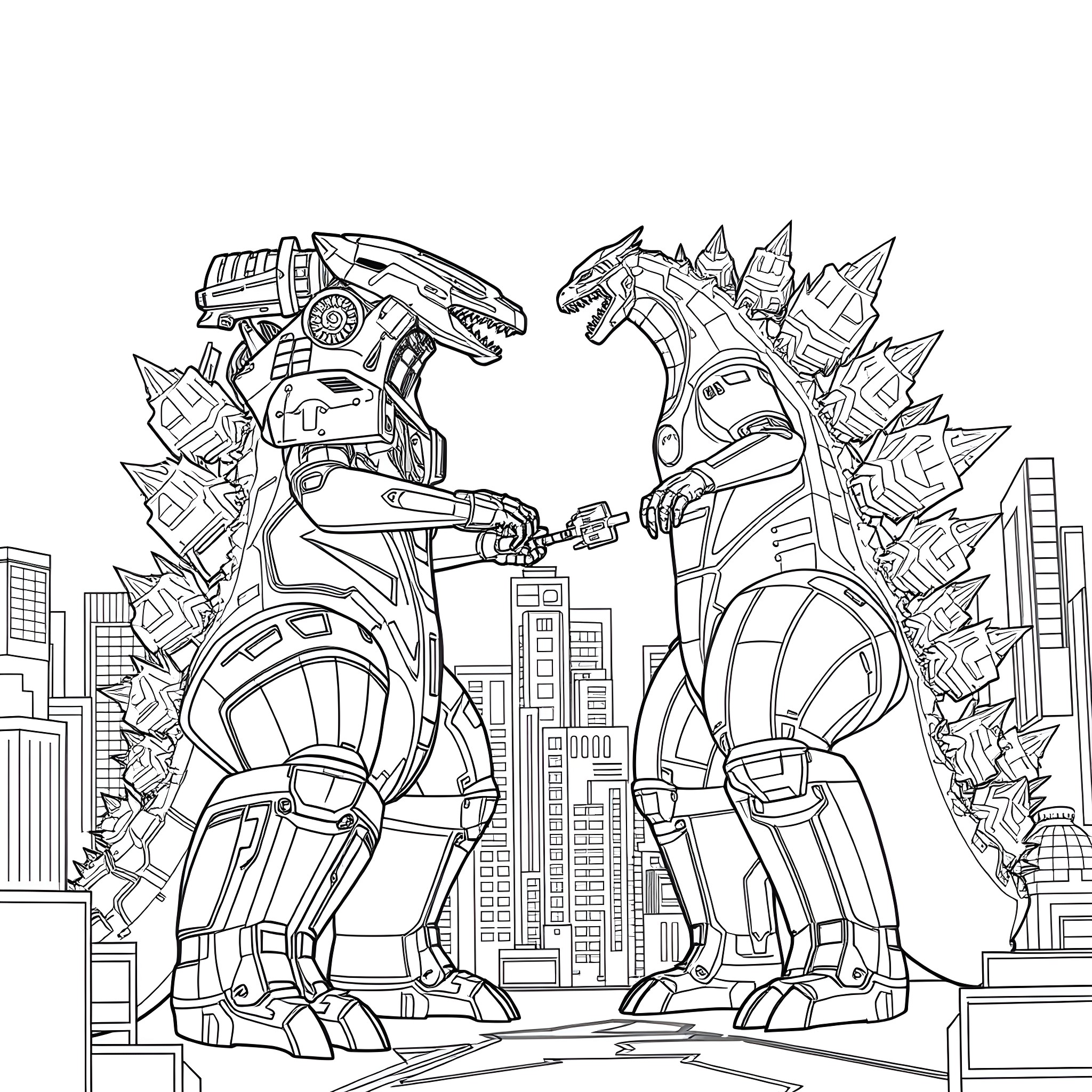 Godzilla-inspired robots battling in a futuristic city Coloring Page (free black-and-white line drawing printable PDF for all, from beginners to advanced learners, including children, teens, adults, and seniors)