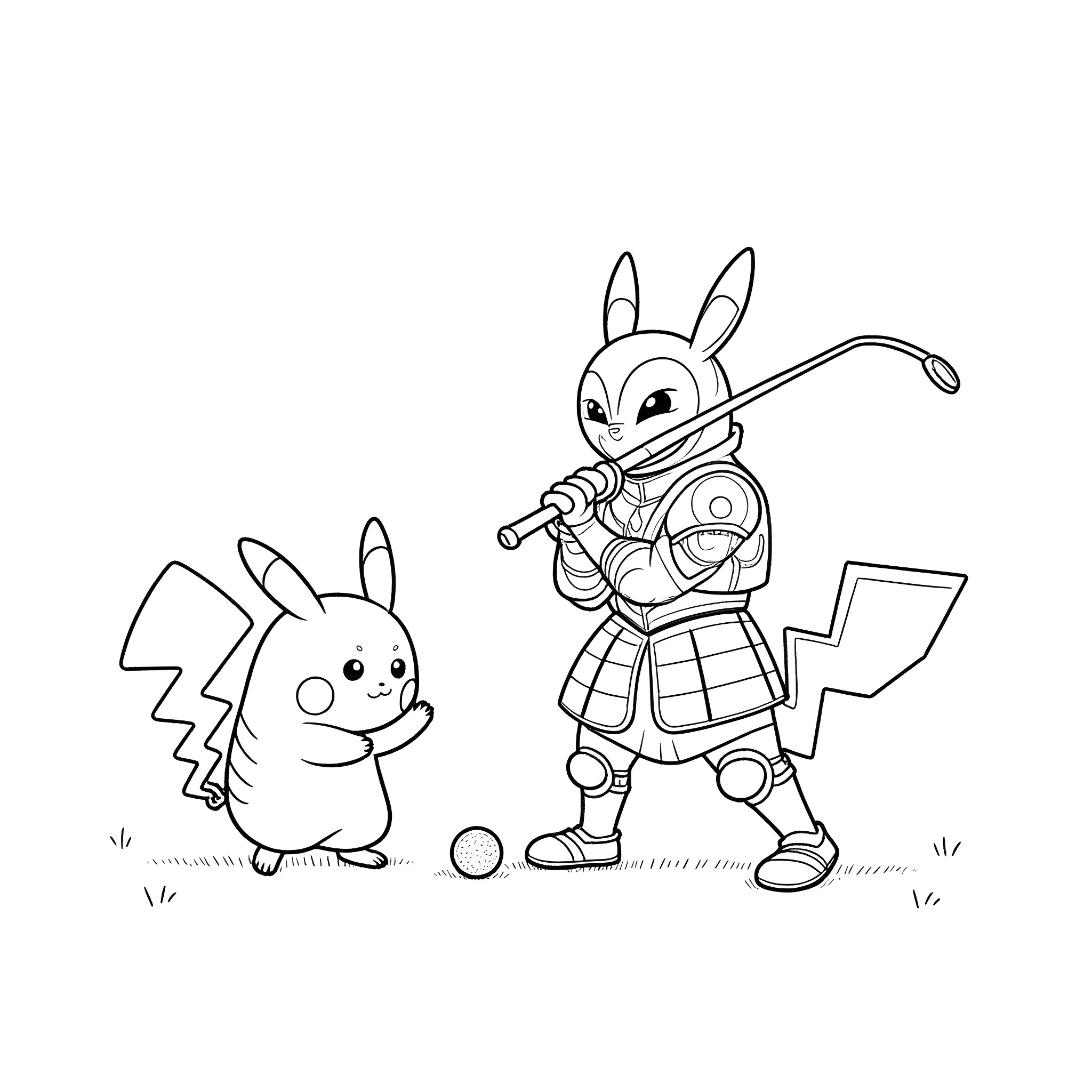 Pikachu and his samurai companion in a playful scene Coloring Page (free black-and-white line drawing printable PDF for all, from beginners to advanced learners, including children, teens, adults, and seniors)