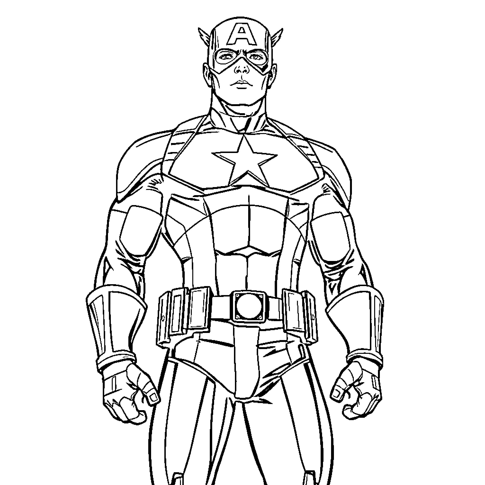 Captain America in iconic superhero pose Coloring Page (free black-and-white line drawing printable PDF for all, from beginners to advanced learners, including children, teens, adults, and seniors)