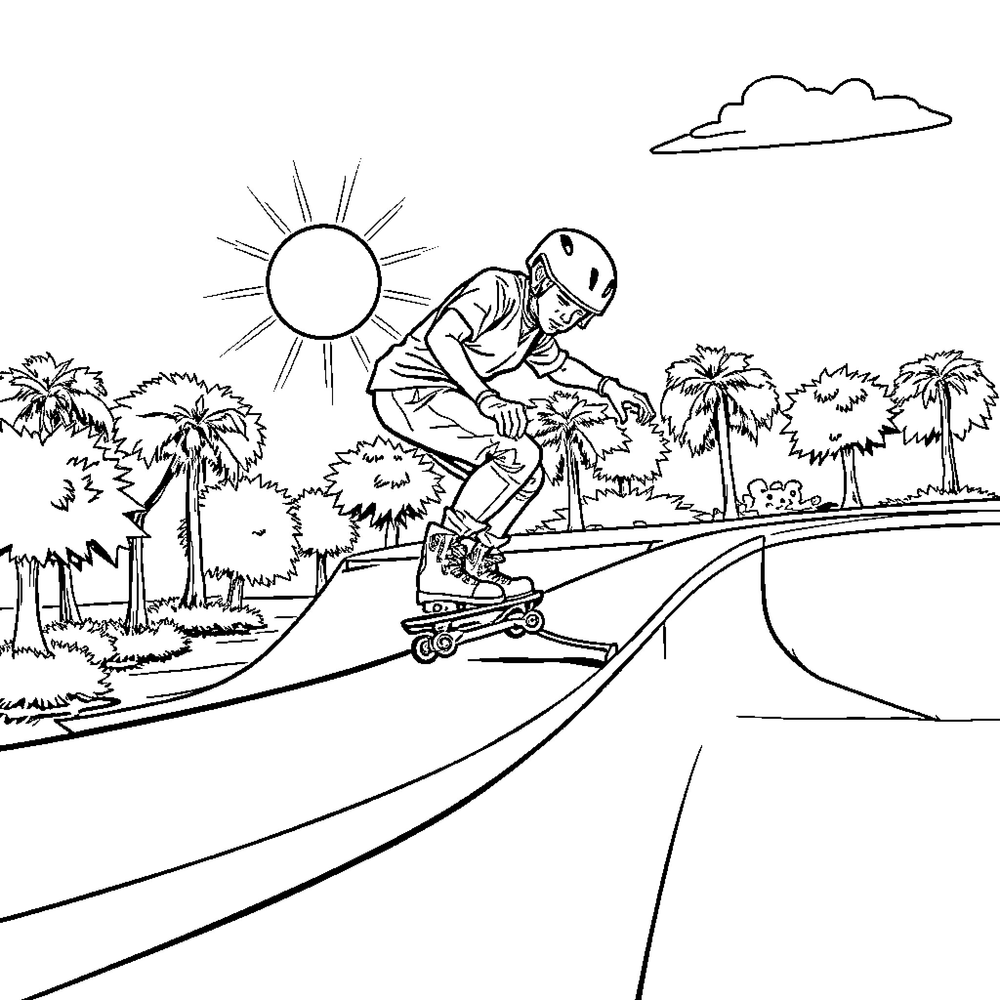 Rollerblader enjoying an outdoor adventure on a sunny day Coloring Page (free black-and-white line drawing printable PDF for all, from beginners to advanced learners, including children, teens, adults, and seniors)