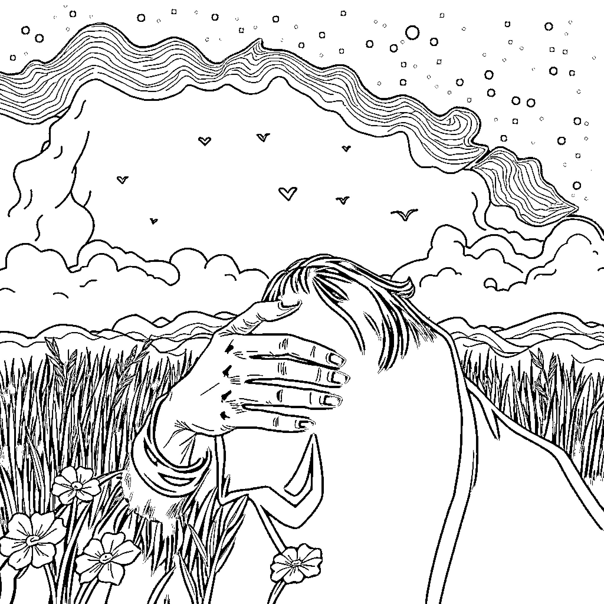 Regret amid nature's solace Coloring Page (free black-and-white line drawing printable PDF for all, from beginners to advanced learners, including children, teens, adults, and seniors)