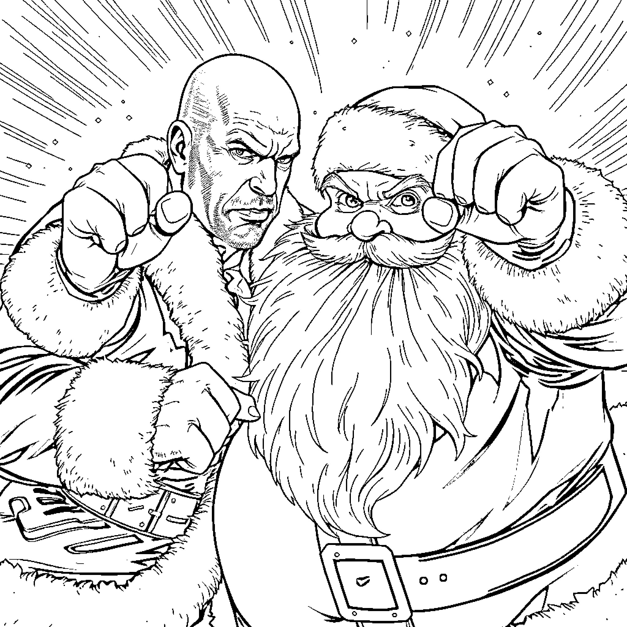 Bruce Willis as a Fierce Santa Claus in Action Coloring Page (free black-and-white line drawing printable PDF for all, from beginners to advanced learners, including children, teens, adults, and seniors)