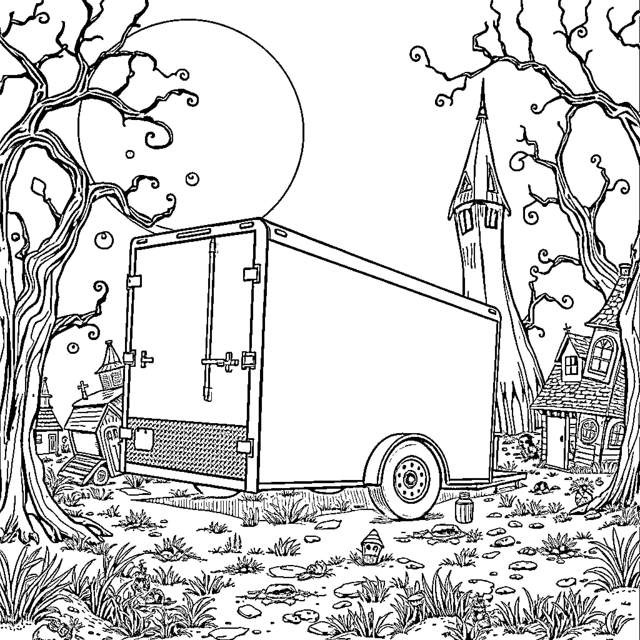 Cargo Trailer Parked in Whimsical Landscape Coloring Page (free black-and-white line drawing printable PDF for all, from beginners to advanced learners, including children, teens, adults, and seniors)