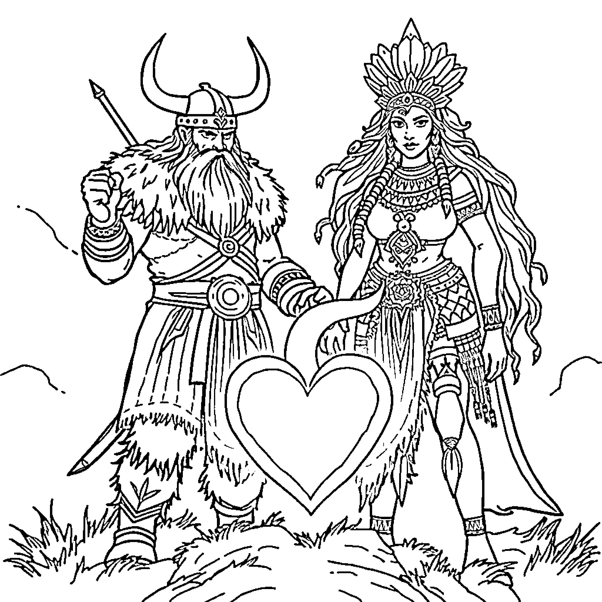 Viking Warrior and Tribal Princess with Heart Symbol Coloring Page (free black-and-white line drawing printable PDF for all, from beginners to advanced learners, including children, teens, adults, and seniors)