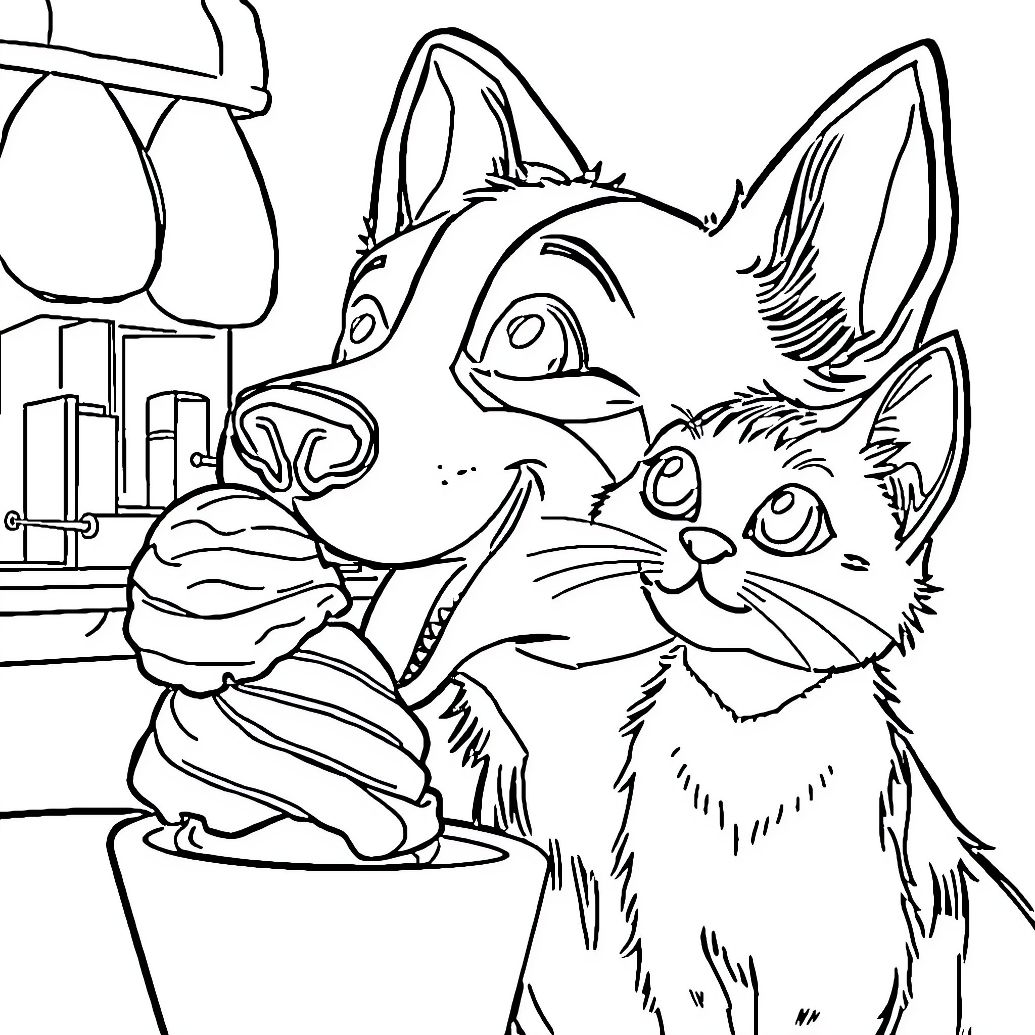 Dog and Cat Cooking Together in the Kitchen Coloring Page (free black-and-white line drawing printable PDF for all, from beginners to advanced learners, including children, teens, adults, and seniors)