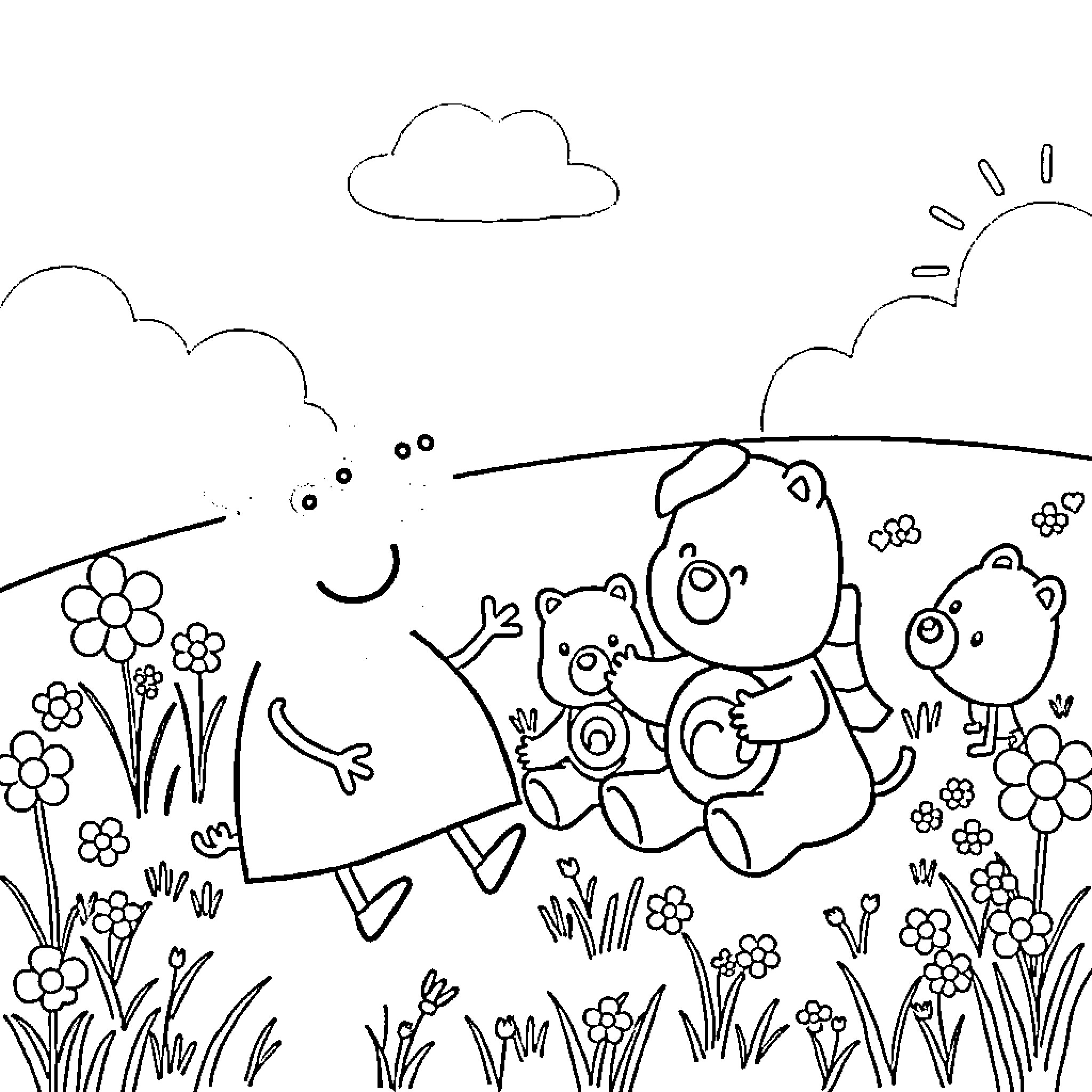 Peppa Pig and her family playing happily in nature Coloring Page (free black-and-white line drawing printable PDF for all, from beginners to advanced learners, including children, teens, adults, and seniors)