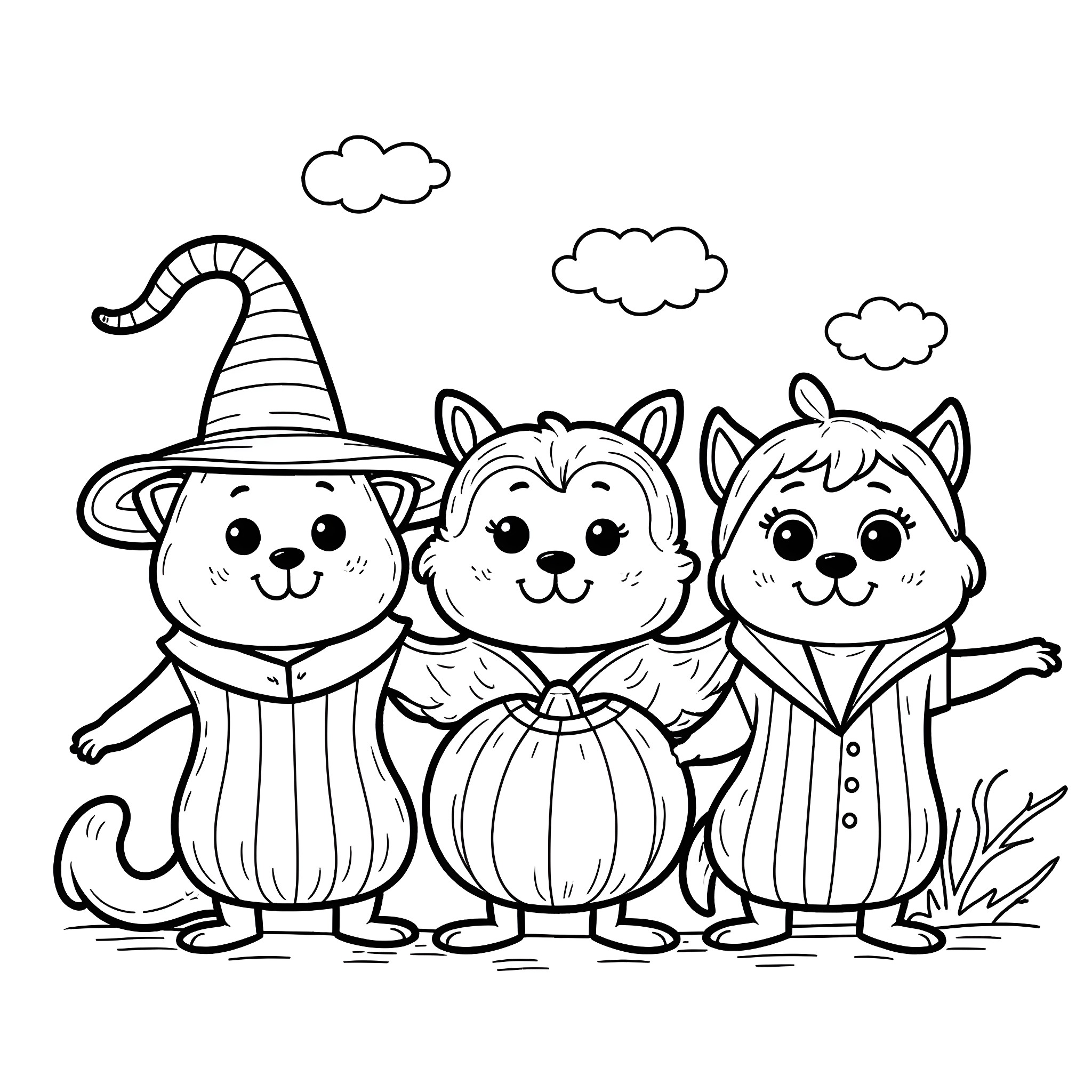 Critter Pals in Costume Posing Happily Coloring Page (free black-and-white line drawing printable PDF for all, from beginners to advanced learners, including children, teens, adults, and seniors)