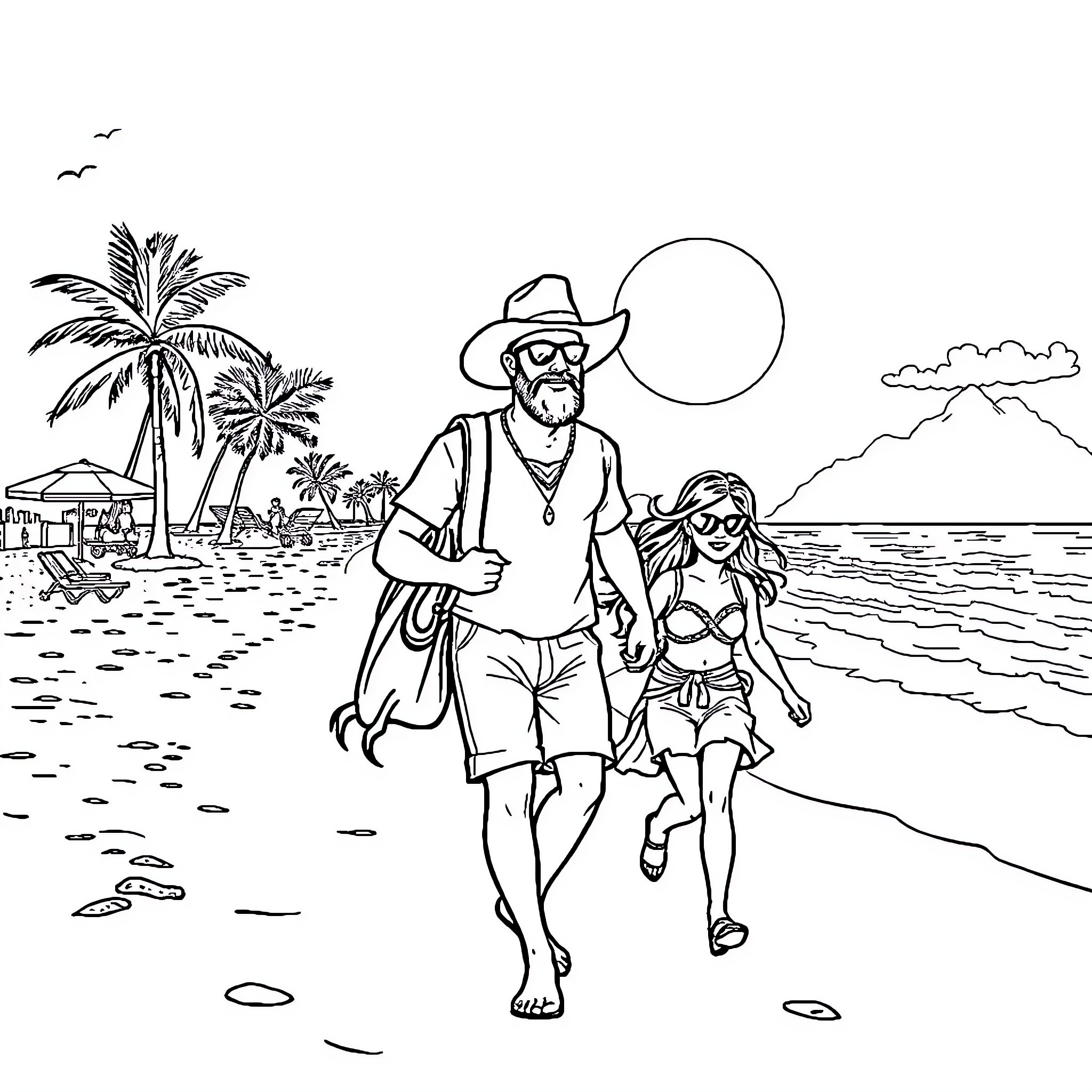Don Ramón strolling the beach with a companion Coloring Page (free black-and-white line drawing printable PDF for all, from beginners to advanced learners, including children, teens, adults, and seniors)