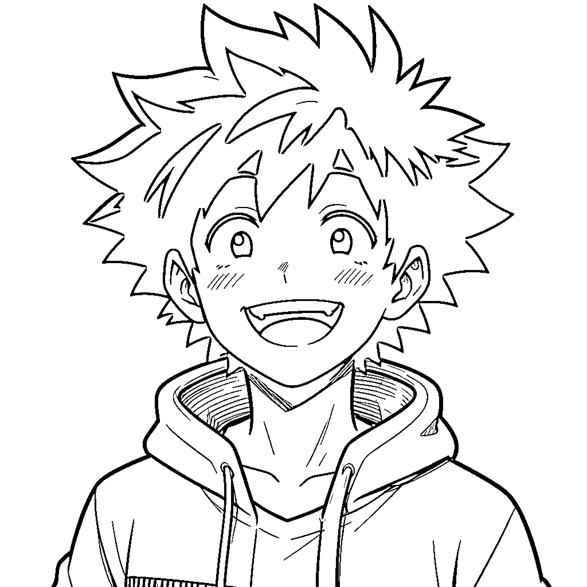 Izuku's Cheerful Expression and Casual Attire Coloring Page (free black-and-white line drawing printable PDF for all, from beginners to advanced learners, including children, teens, adults, and seniors)