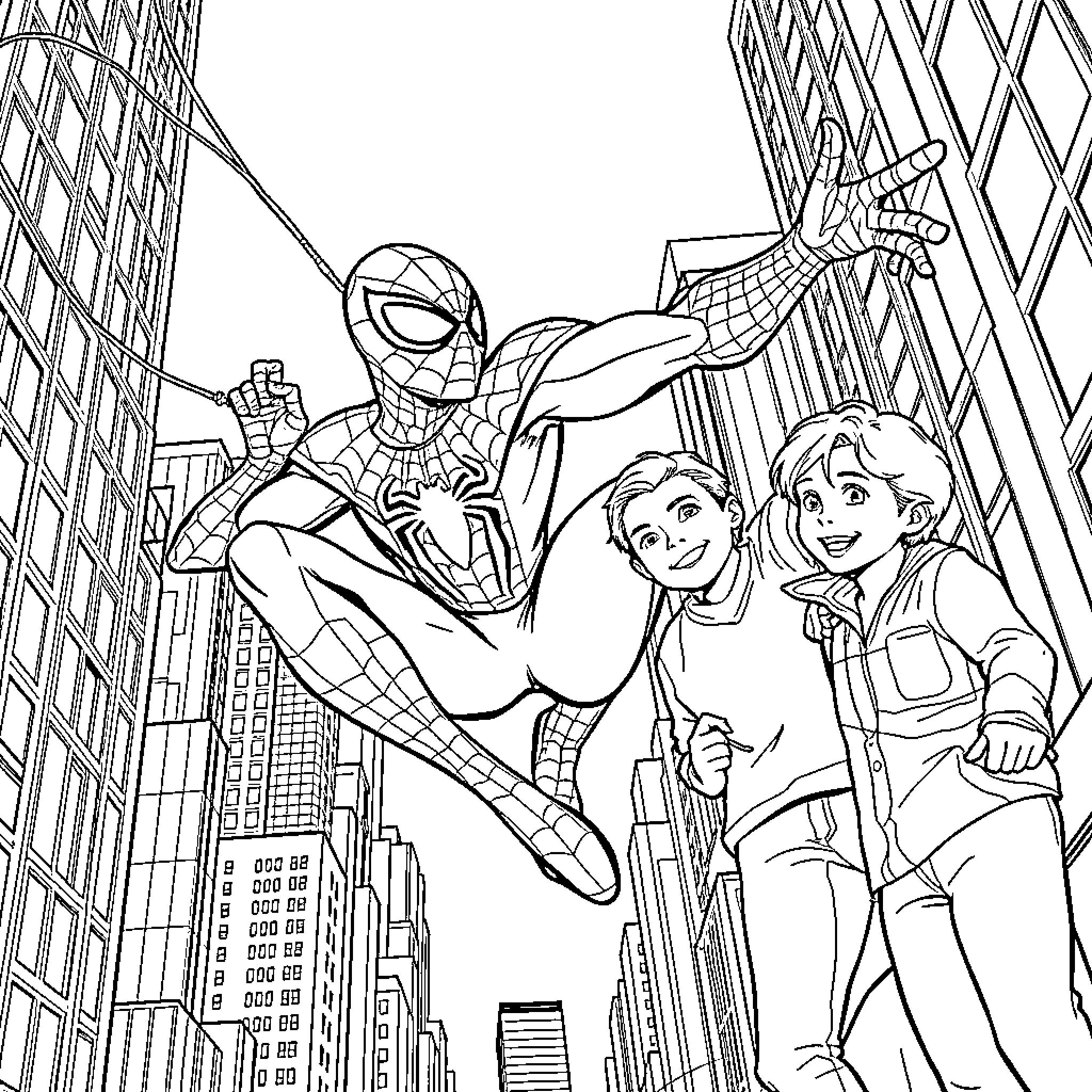 Spidey saves the day with young heroes Coloring Page (free black-and-white line drawing printable PDF for all, from beginners to advanced learners, including children, teens, adults, and seniors)