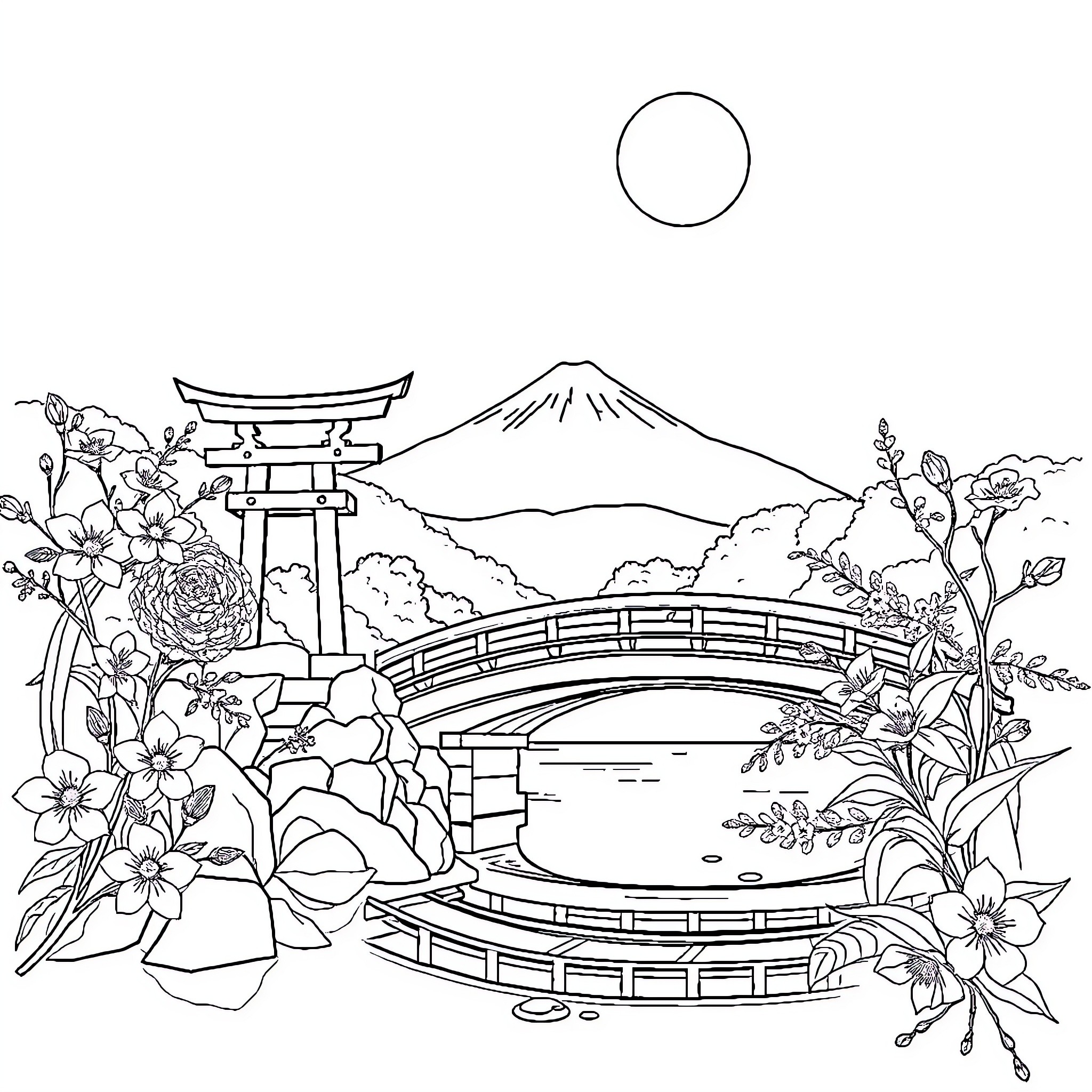 Flower Garden Scene with Japanese Torii Gate and Mount Fuji Coloring Page (free black-and-white line drawing printable PDF for all, from beginners to advanced learners, including children, teens, adults, and seniors)