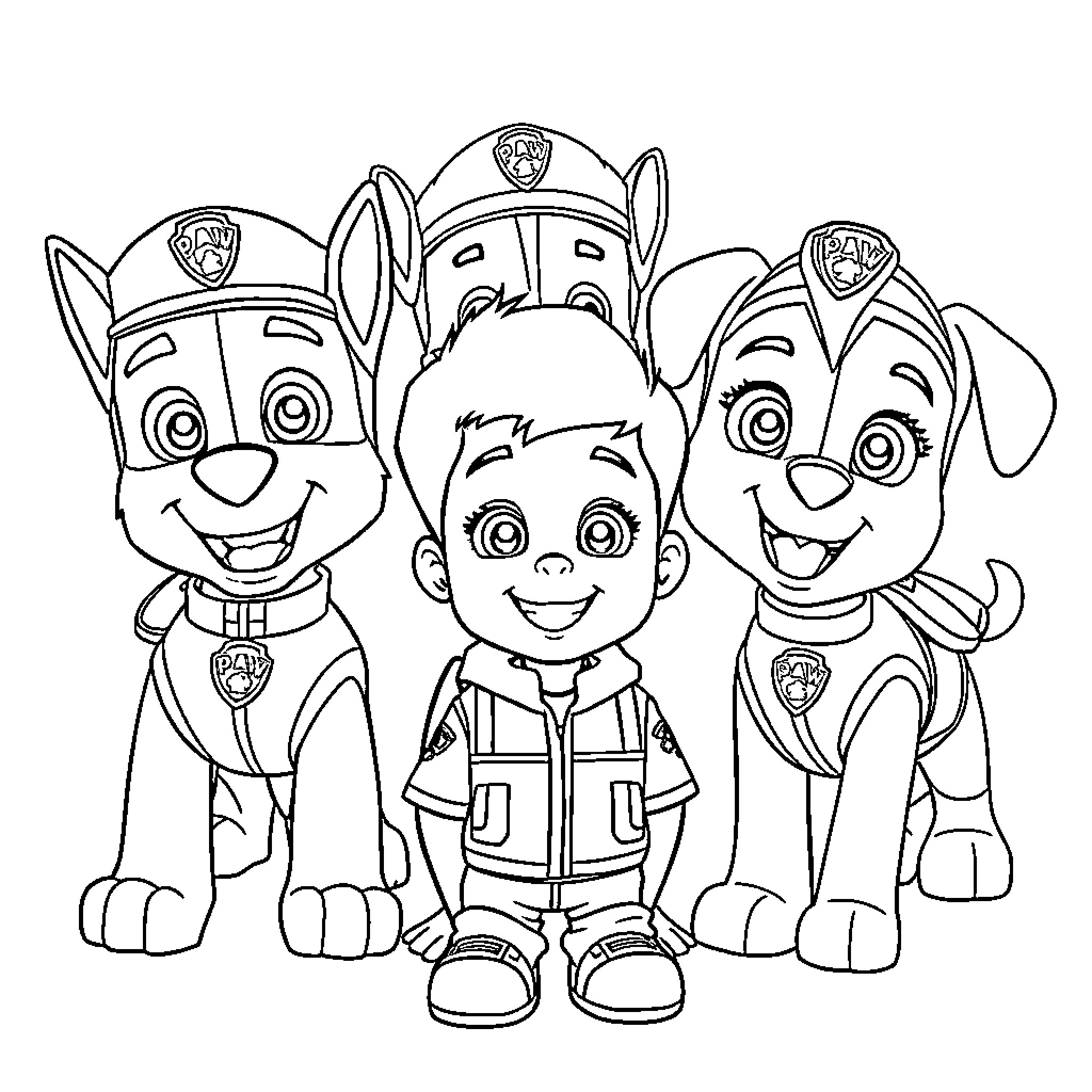 Paw Patrol characters in uniform and ready for action Coloring Page (free black-and-white line drawing printable PDF for all, from beginners to advanced learners, including children, teens, adults, and seniors)
