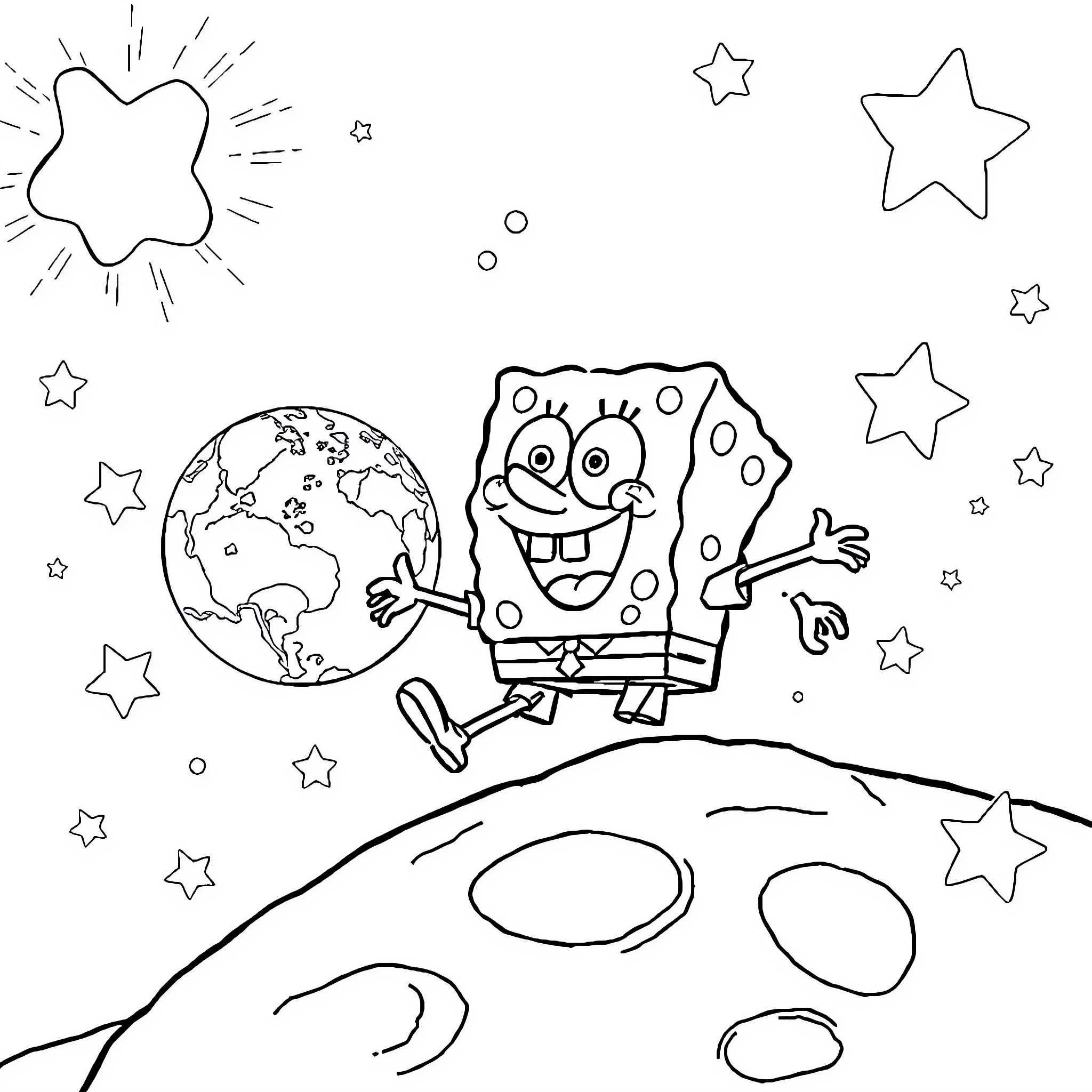 Spongebob explores the universe with excitement Coloring Page (free black-and-white line drawing printable PDF for all, from beginners to advanced learners, including children, teens, adults, and seniors)