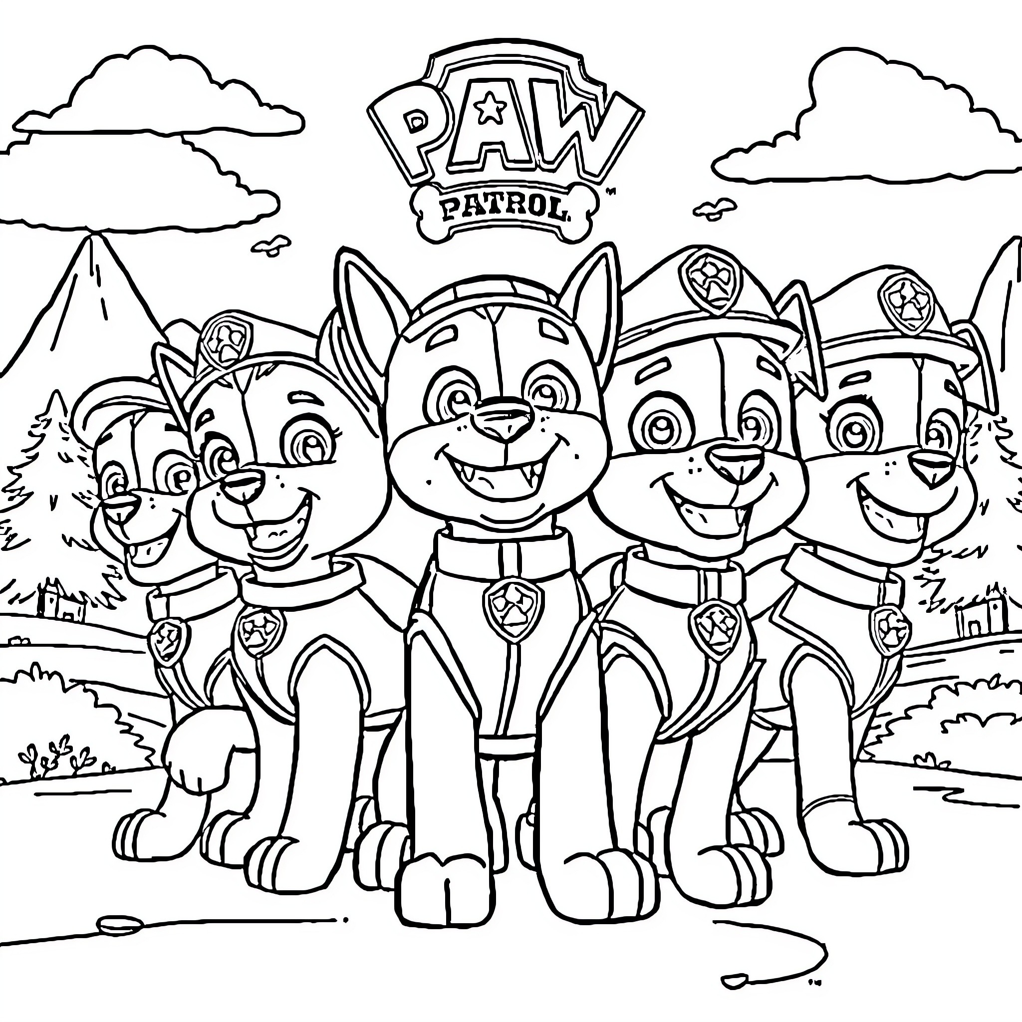 Paw Patrol puppies in action poses Coloring Page (free black-and-white line drawing printable PDF for all, from beginners to advanced learners, including children, teens, adults, and seniors)