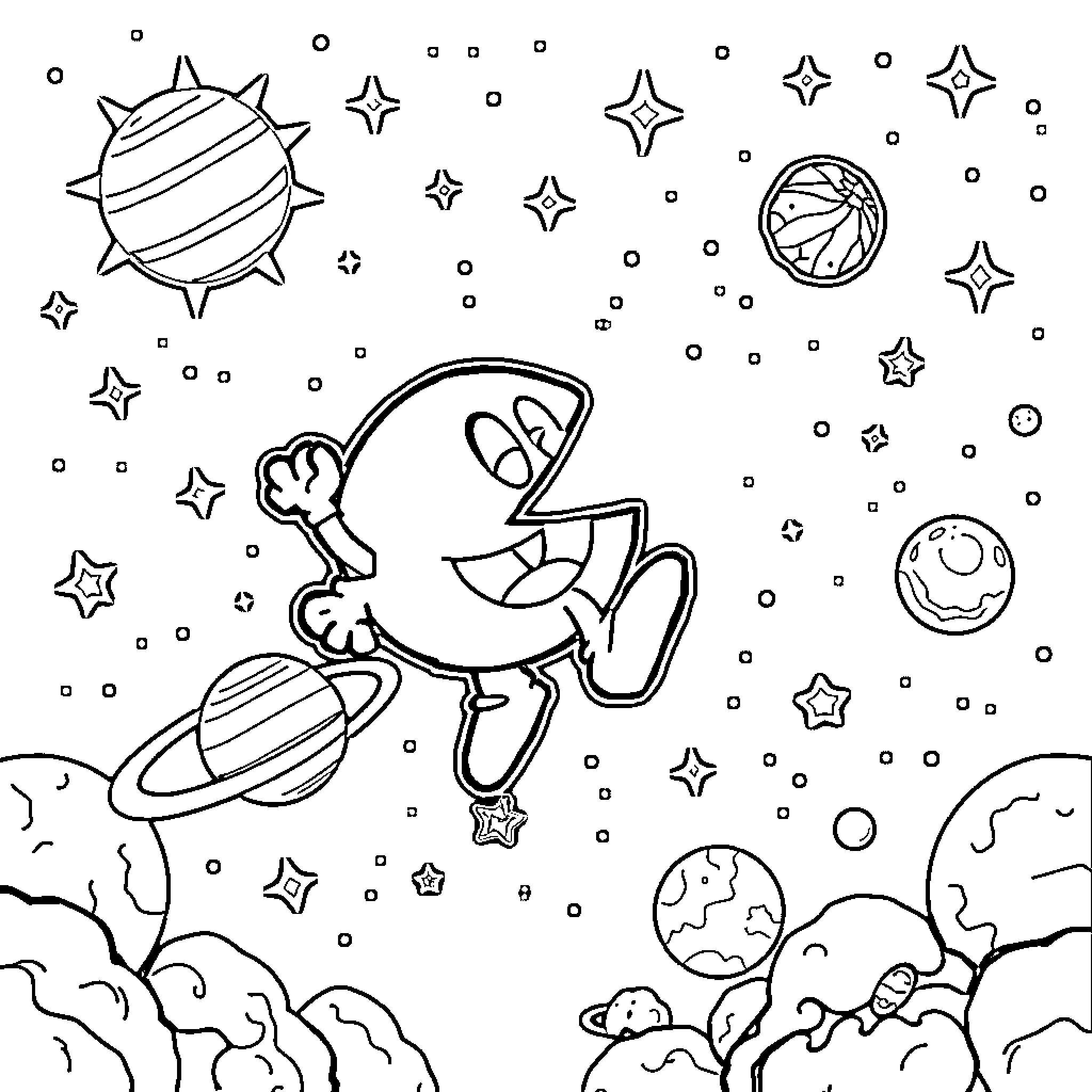 Pacman exploring the cosmos Coloring Page (free black-and-white line drawing printable PDF for all, from beginners to advanced learners, including children, teens, adults, and seniors)