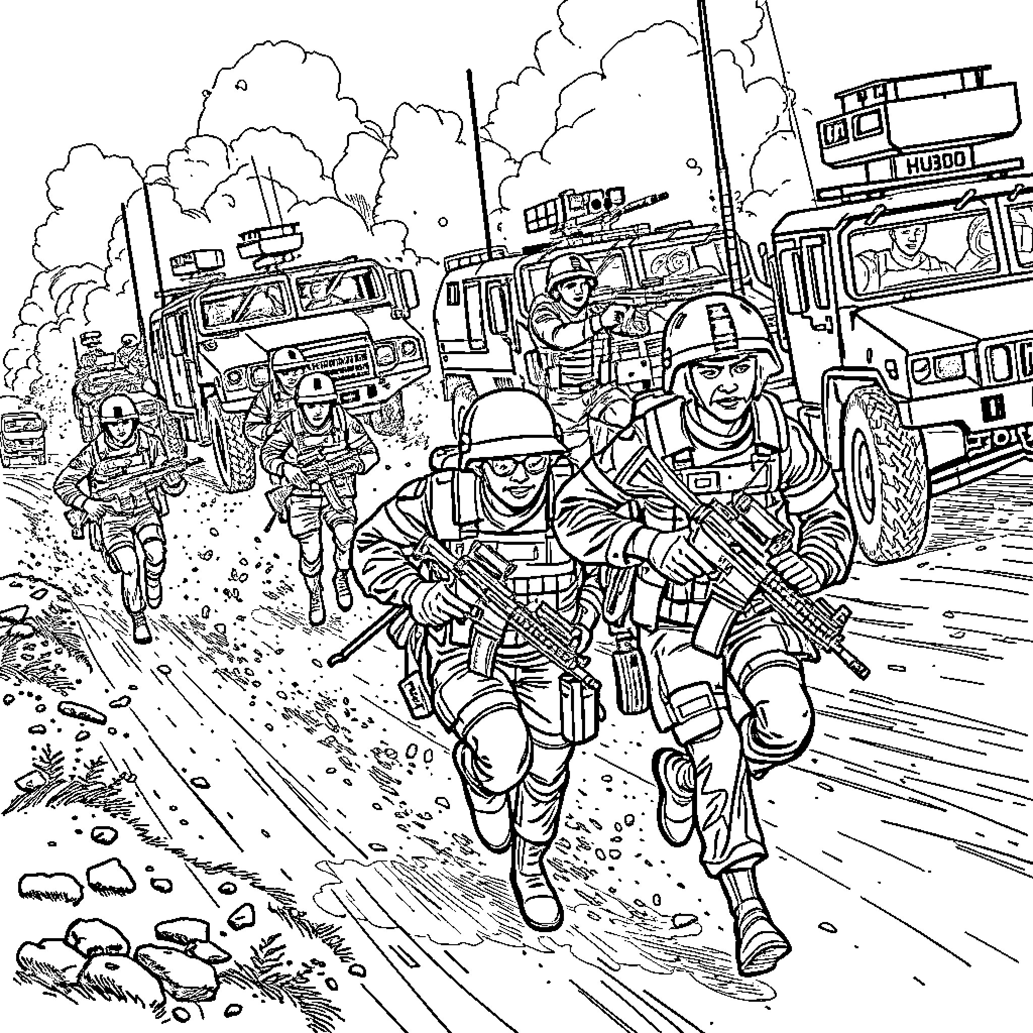 Soldiers in action during combat operation Coloring Page (free black-and-white line drawing printable PDF for all, from beginners to advanced learners, including children, teens, adults, and seniors)