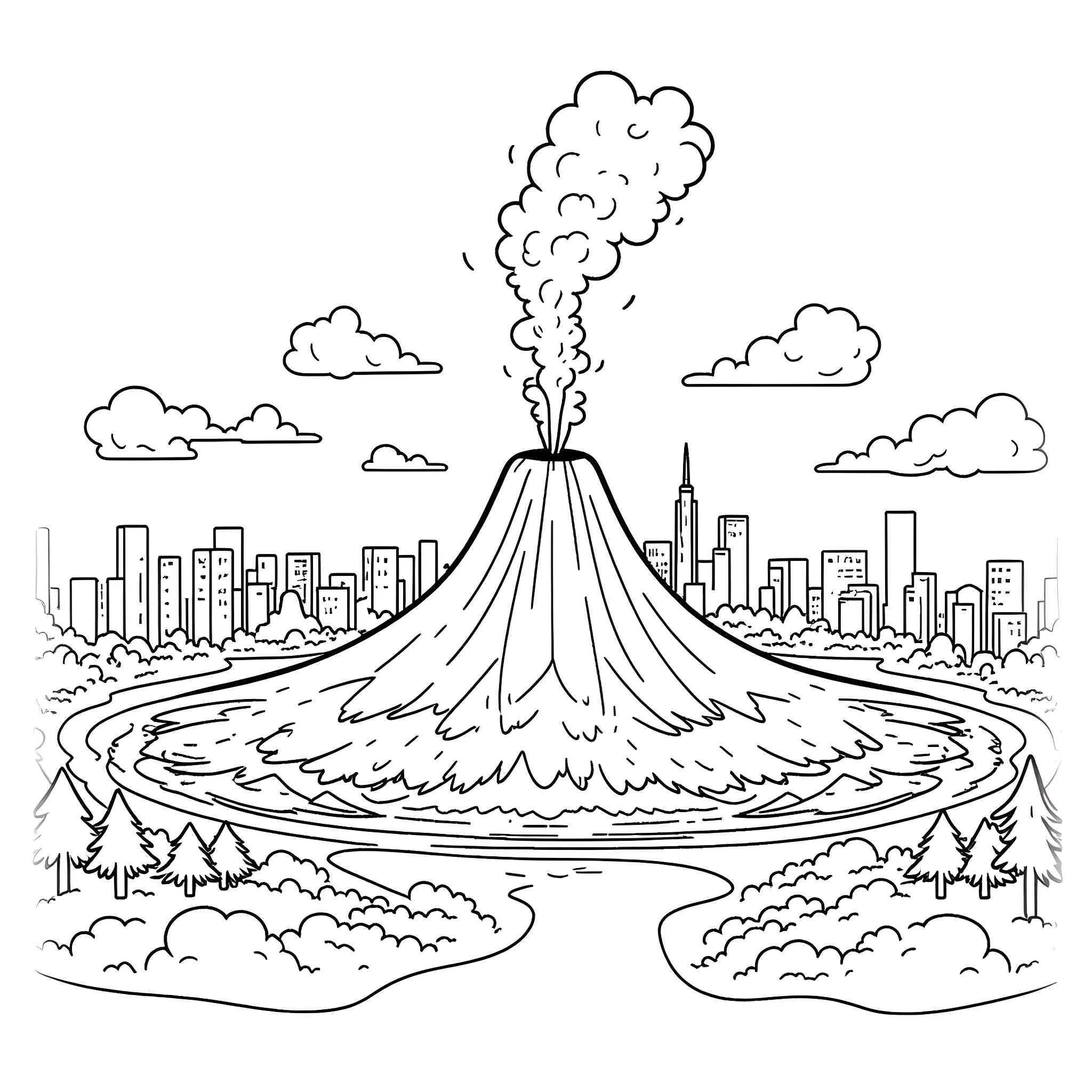 Volcano erupting in the city landscape Coloring Page (free black-and-white line drawing printable PDF for all, from beginners to advanced learners, including children, teens, adults, and seniors)