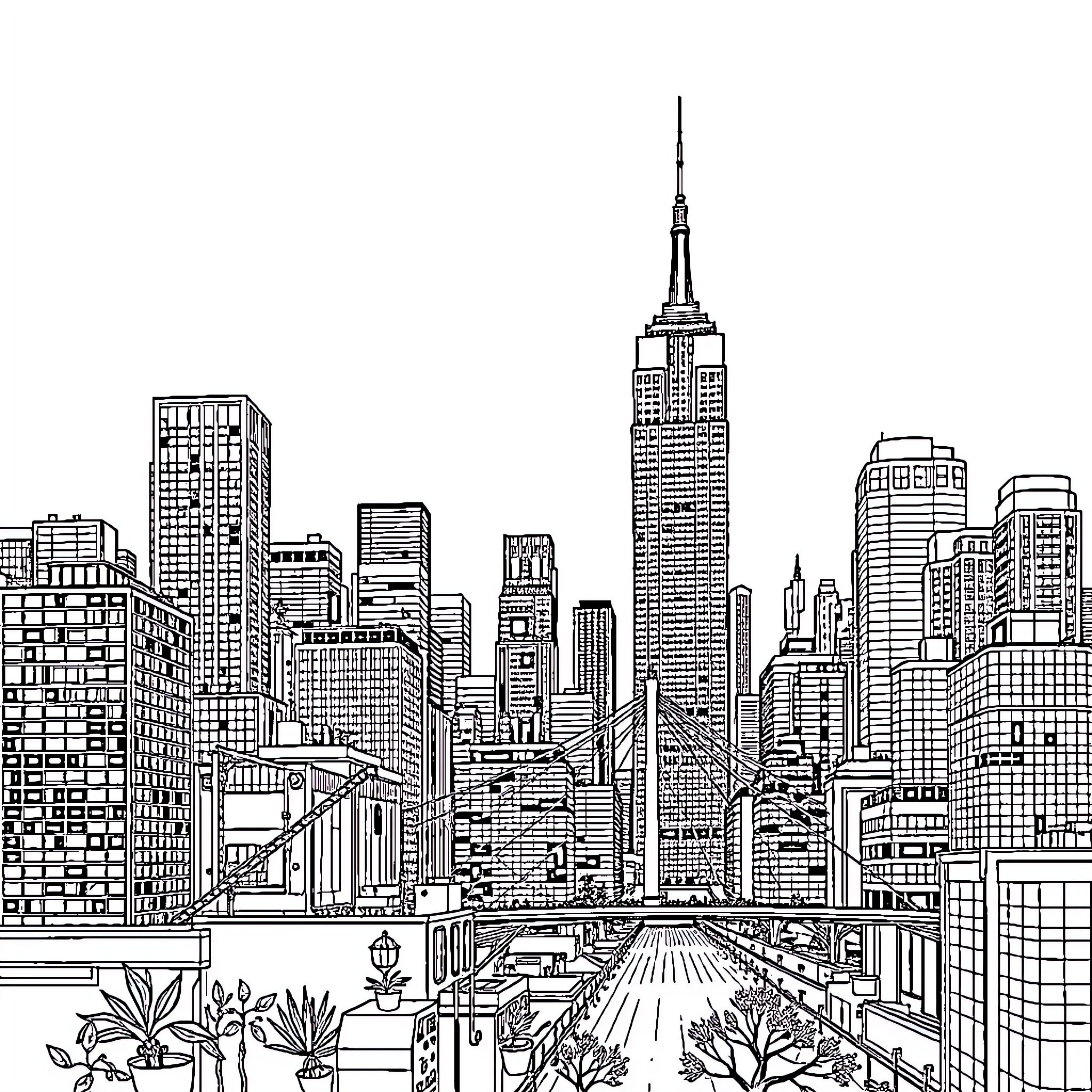 New York City Skyline with Iconic Architecture Coloring Page (free black-and-white line drawing printable PDF for all, from beginners to advanced learners, including children, teens, adults, and seniors)