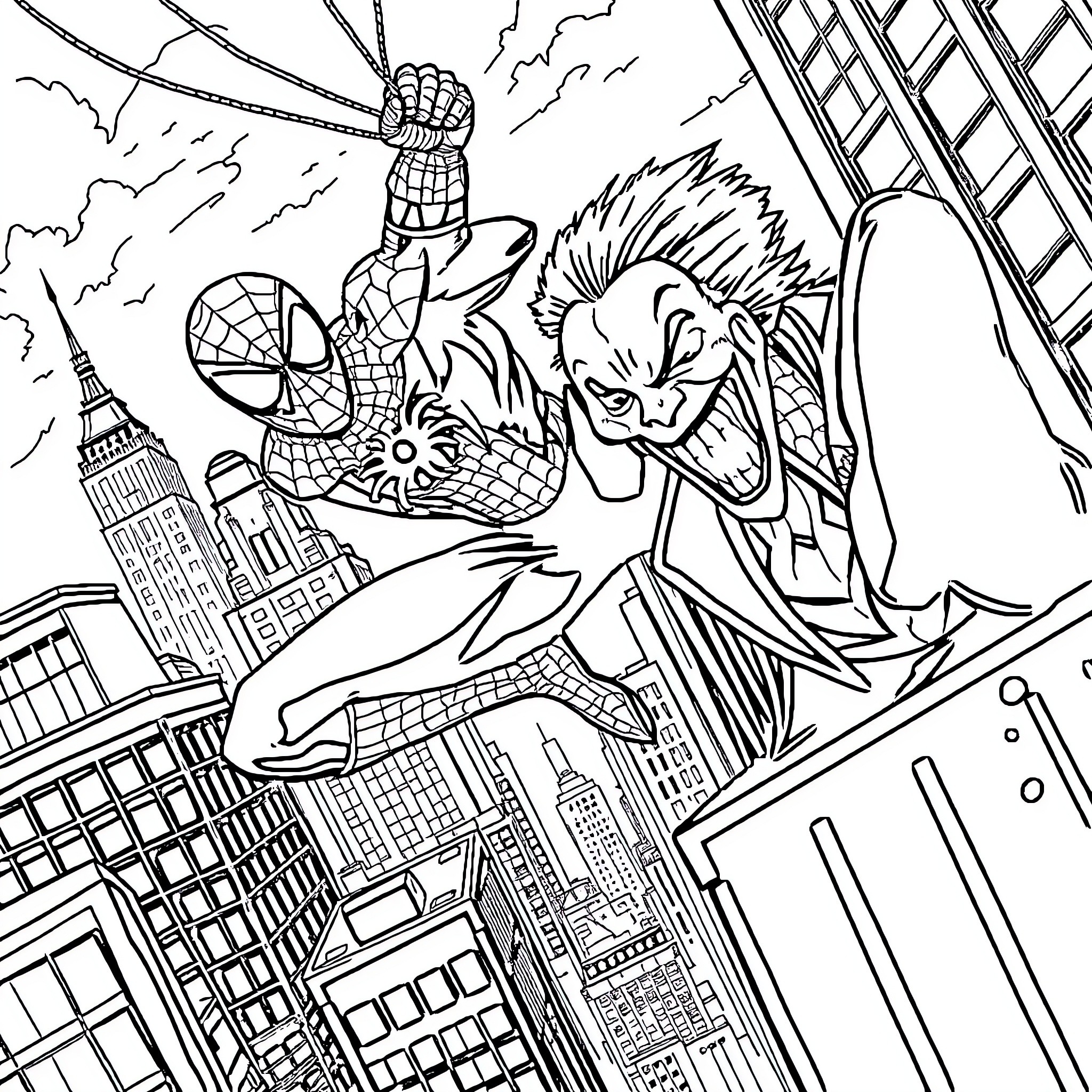 Spiderman Battles Mischievous Supervillain in Cityscape Coloring Page (free black-and-white line drawing printable PDF for all, from beginners to advanced learners, including children, teens, adults, and seniors)