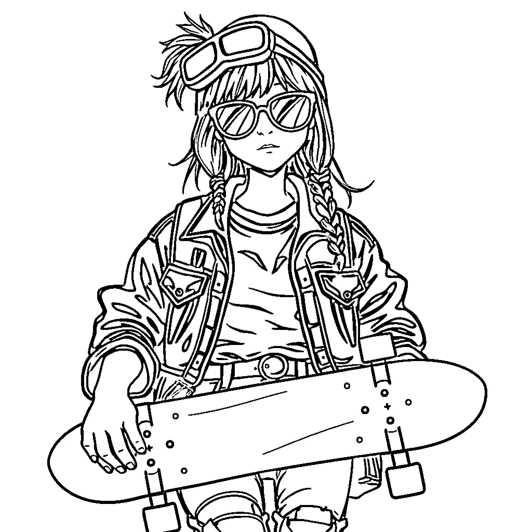 Teen with Skateboard and Goggles Coloring Page (free black-and-white line drawing printable PDF for all, from beginners to advanced learners, including children, teens, adults, and seniors)